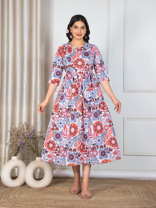 Soft Cotton Geometric Gathered White Dress