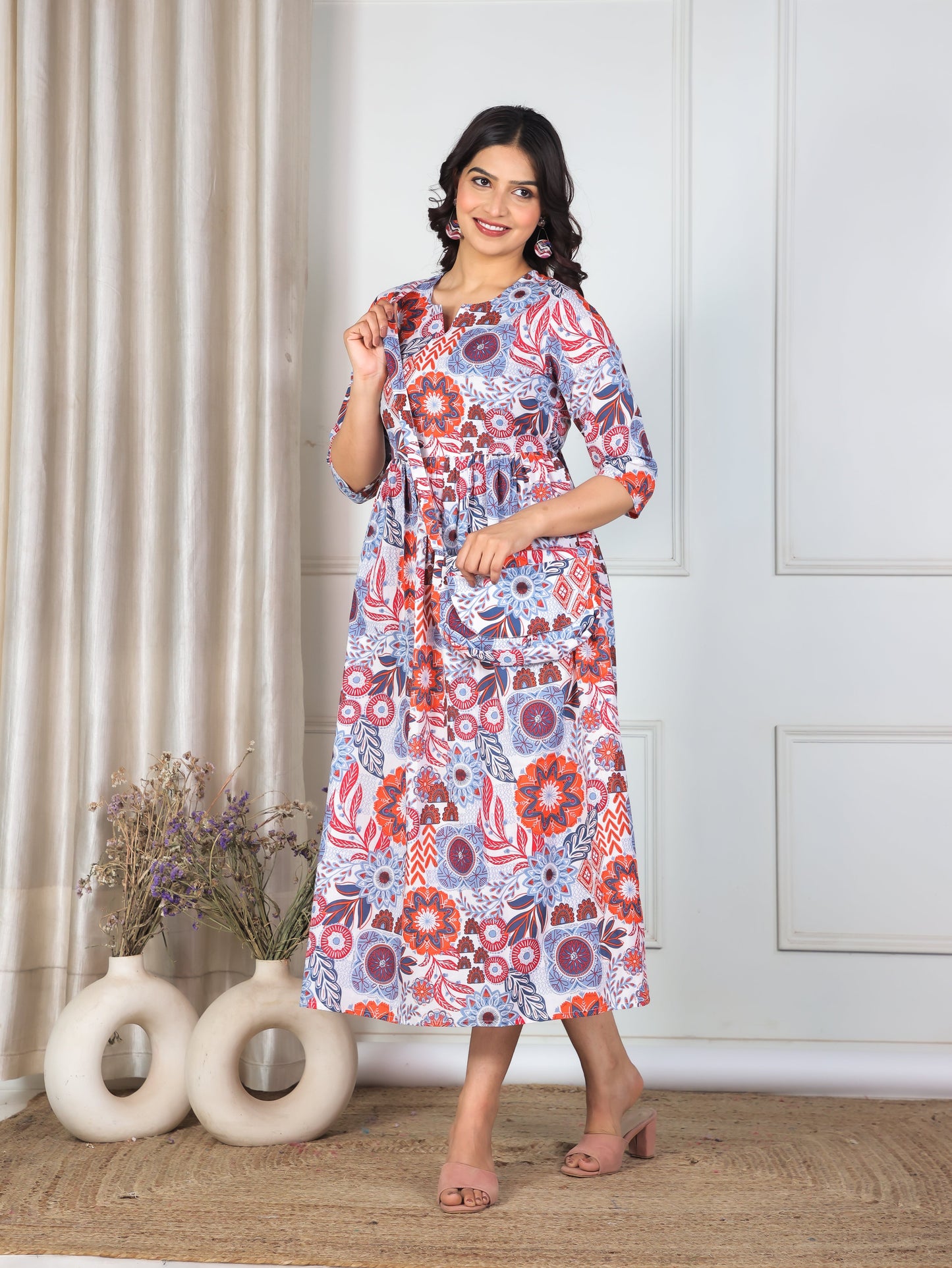 Soft Cotton Geometric Gathered White Dress