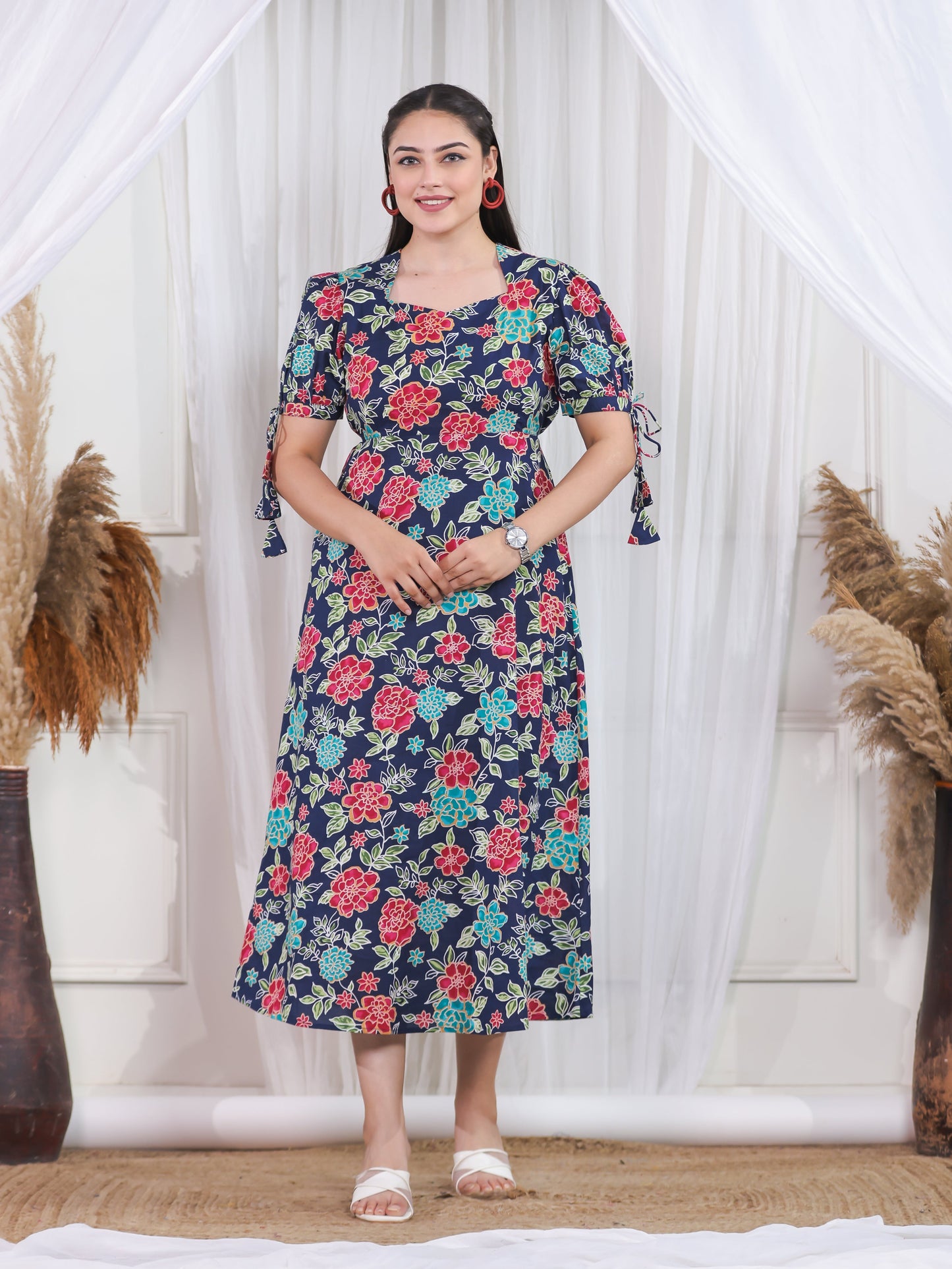 Soft Cotton Floral Flared Blue Dress