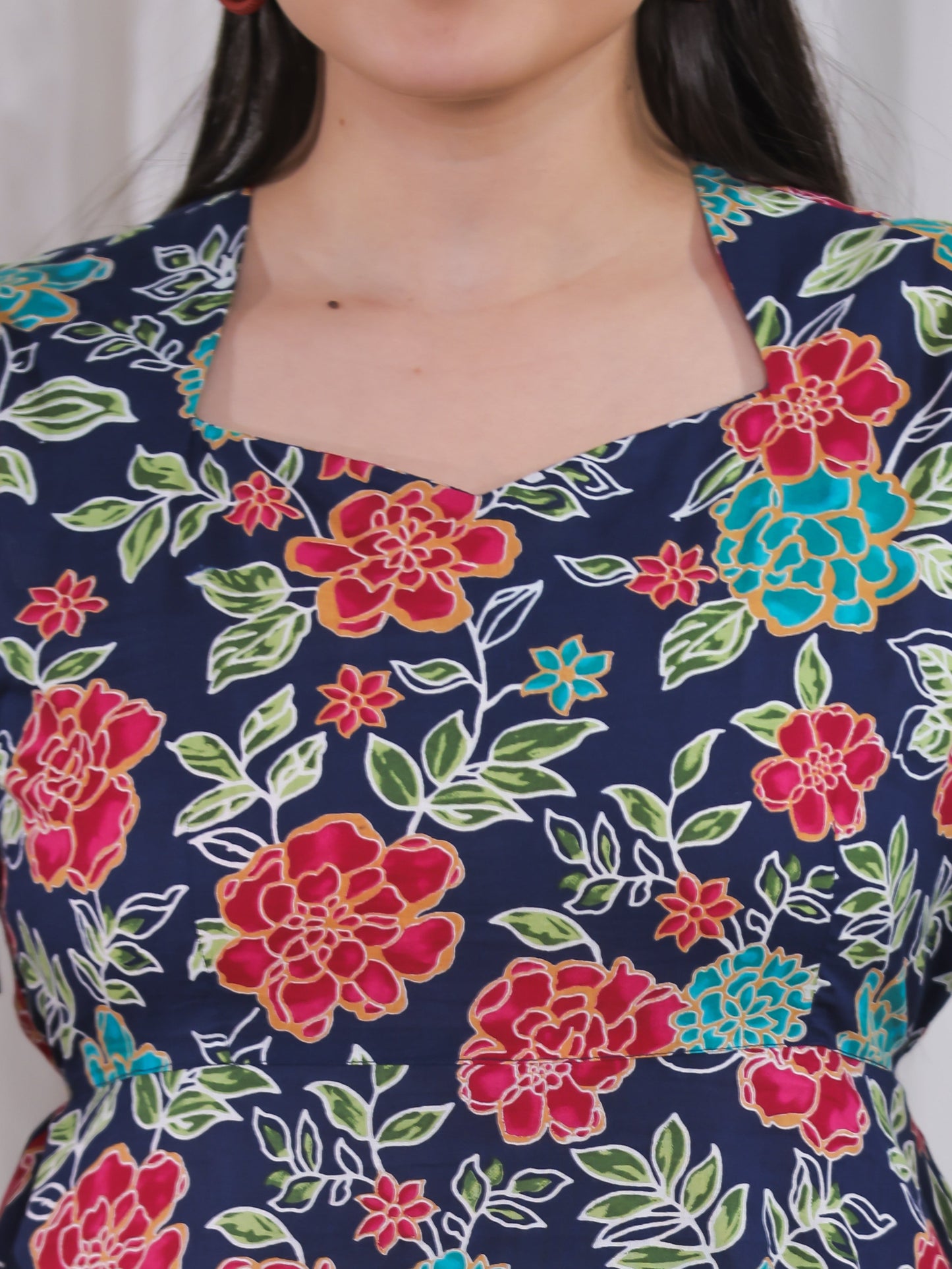 Soft Cotton Floral Flared Blue Dress