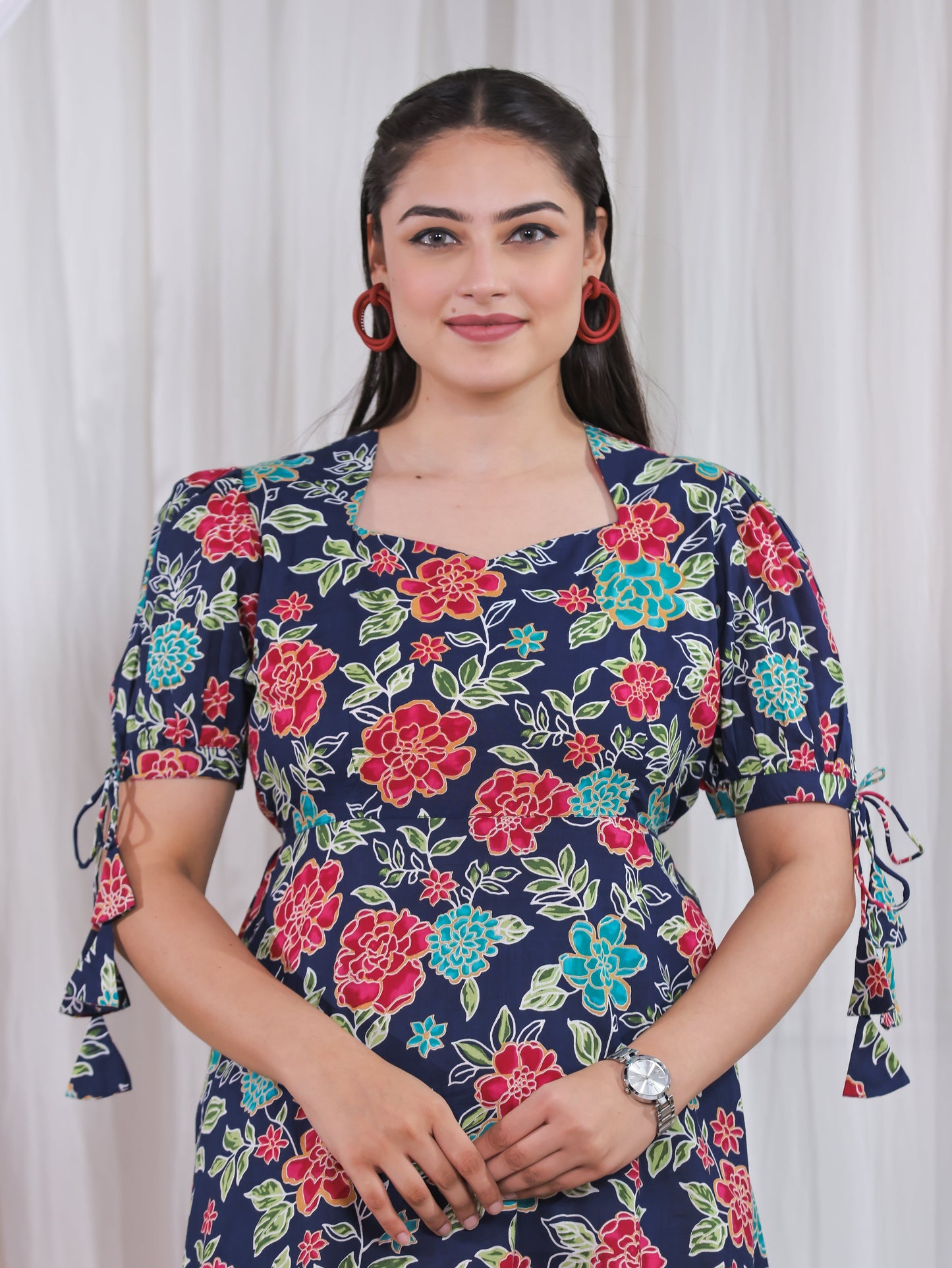 Soft Cotton Floral Flared Blue Dress