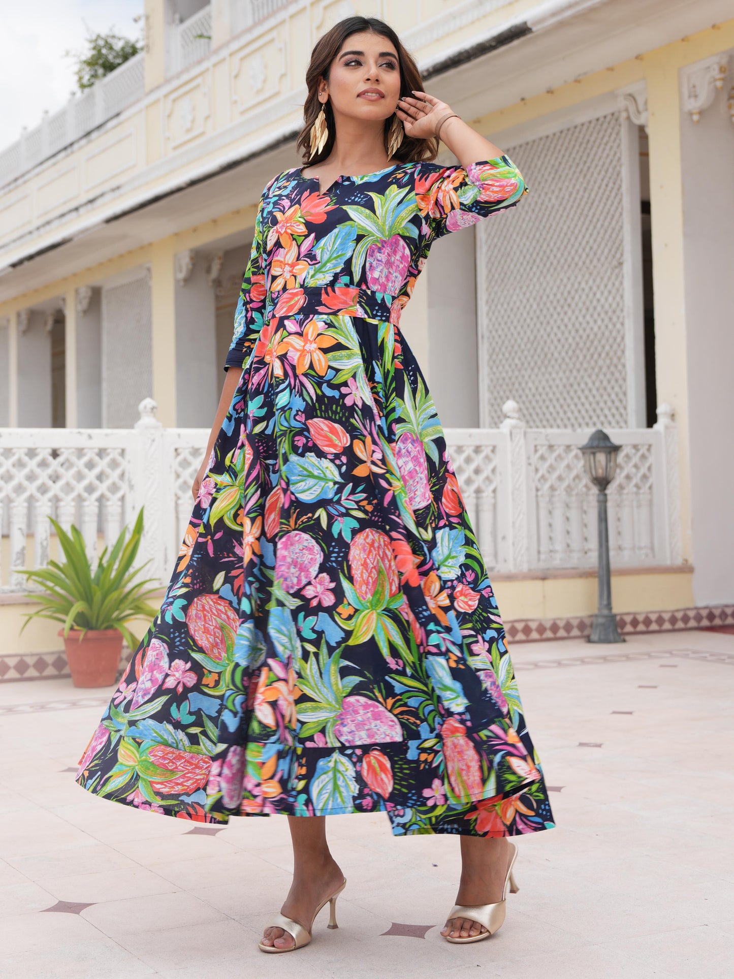 Soft Cotton Floral Anarkali Multicoloured Dress