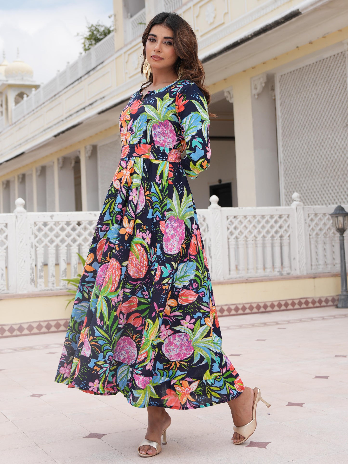 Soft Cotton Floral Anarkali Multicoloured Dress