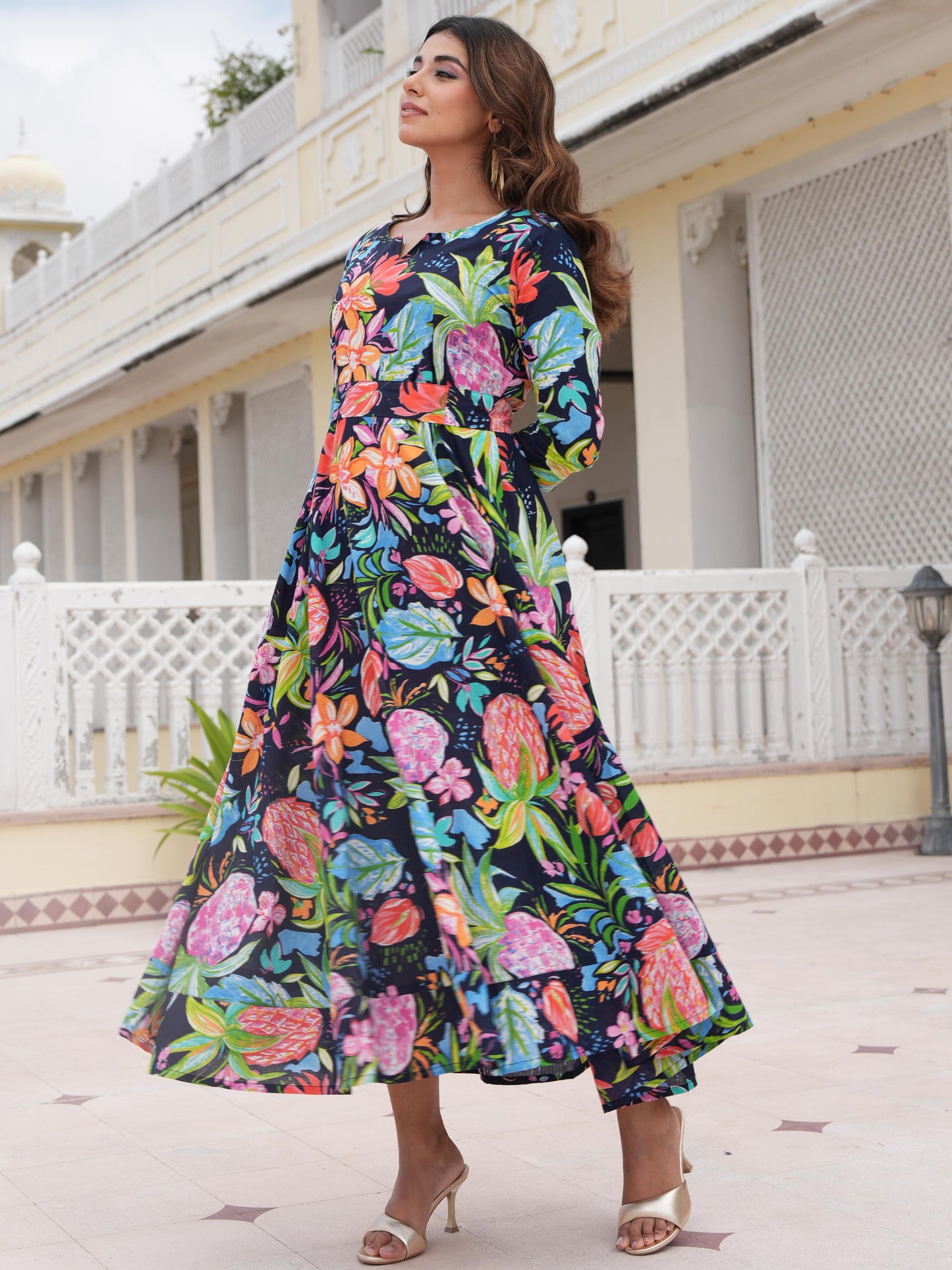 Soft Cotton Floral Anarkali Multicoloured Dress