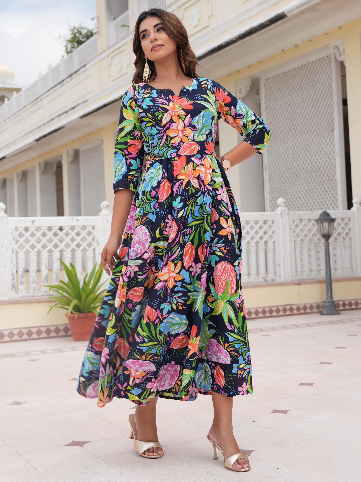 Soft Cotton Floral Anarkali Multicoloured Dress