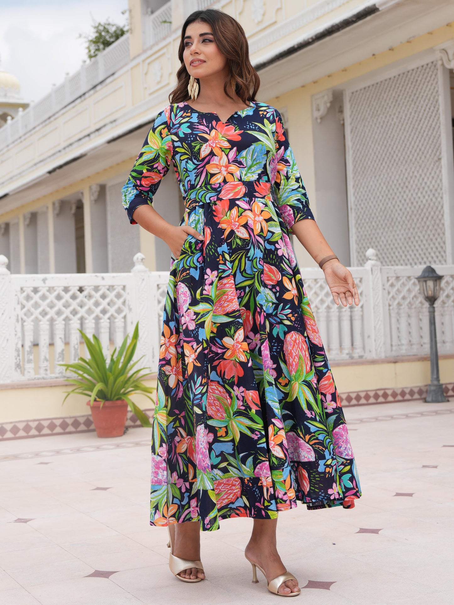Soft Cotton Floral Anarkali Multicoloured Dress