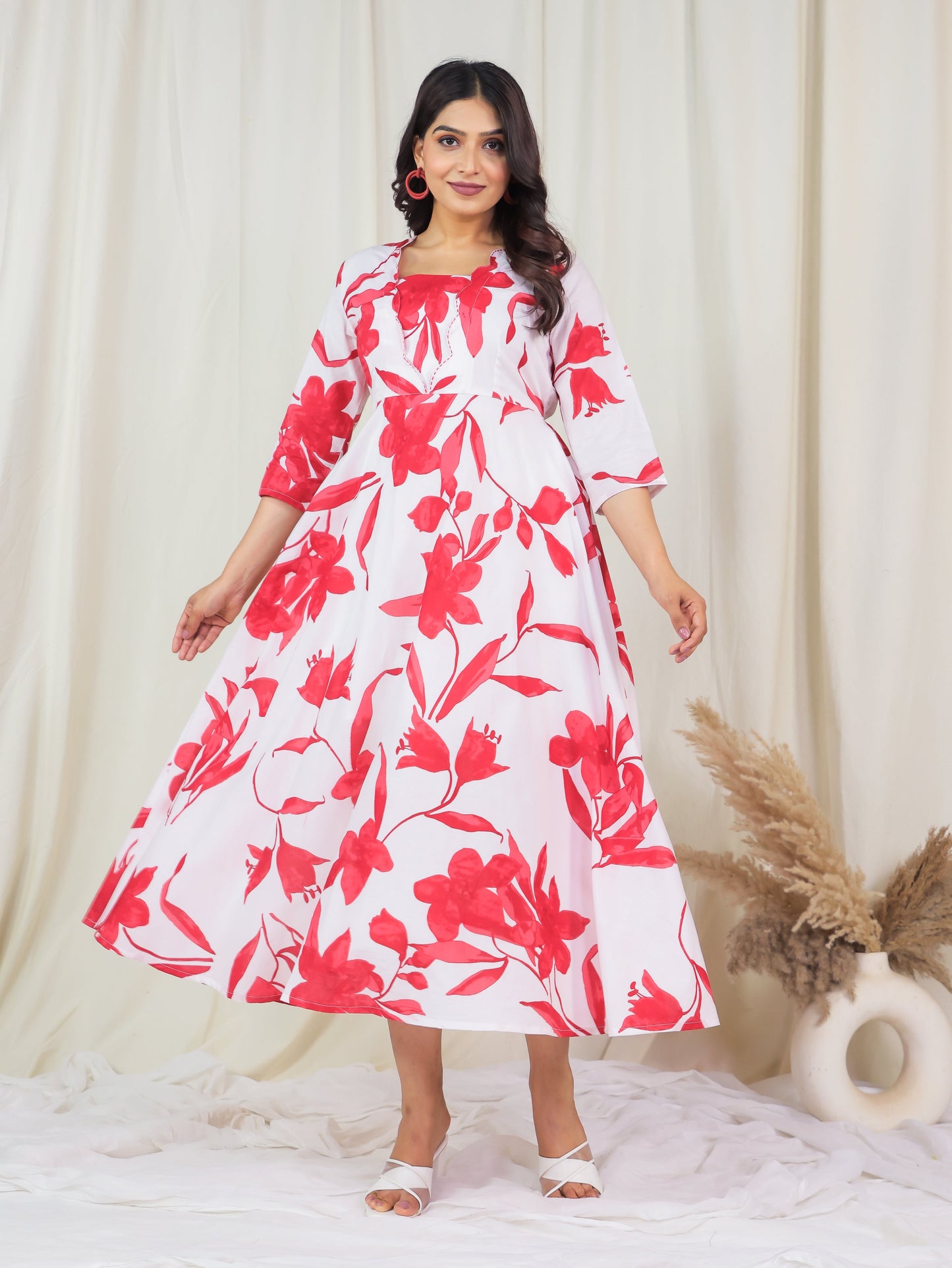Embroidered Soft Cotton Floral Flared Off White Dress