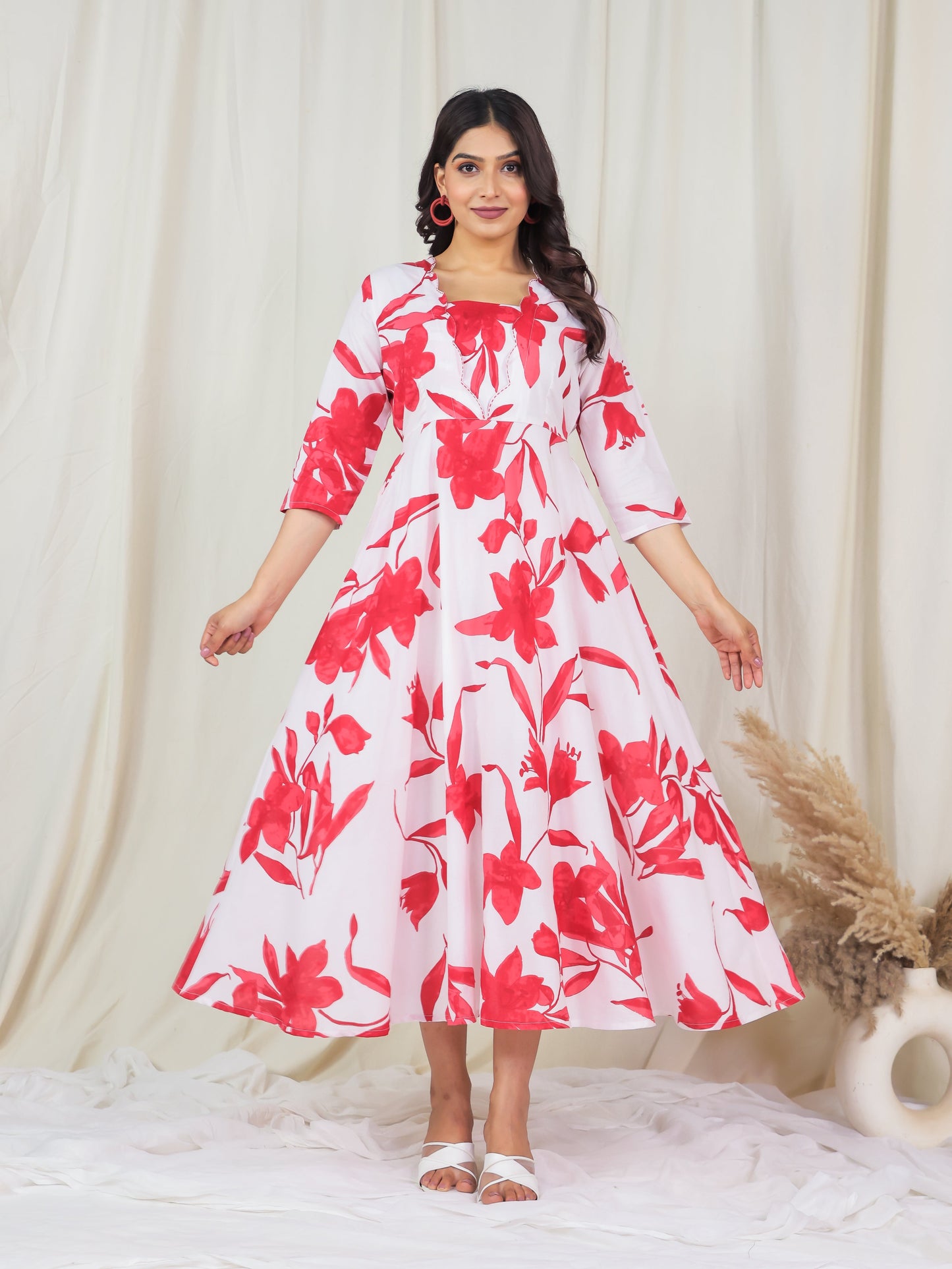 Embroidered Soft Cotton Floral Flared Off White Dress