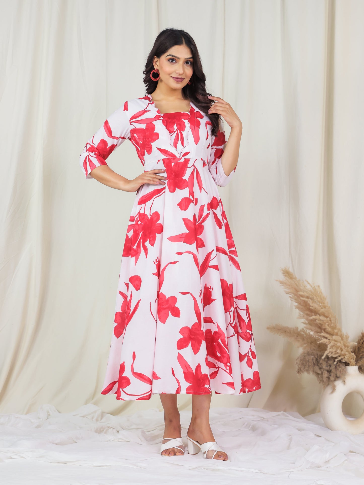 Embroidered Soft Cotton Floral Flared Off White Dress