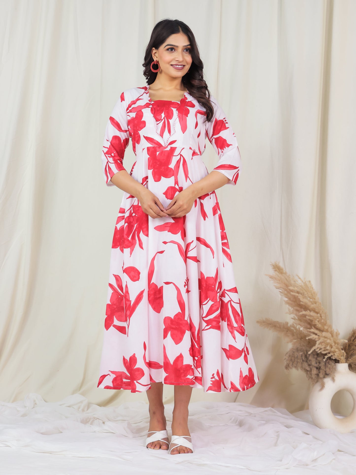 Embroidered Soft Cotton Floral Flared Off White Dress