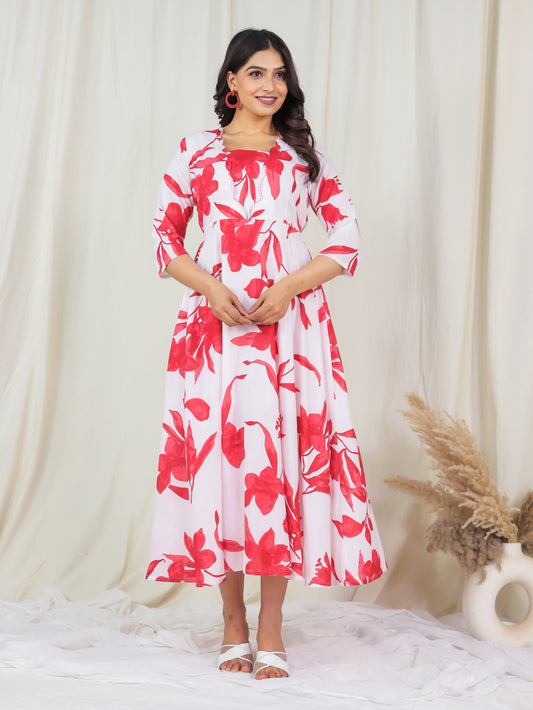 Embroidered Soft Cotton Floral Flared Off White Dress