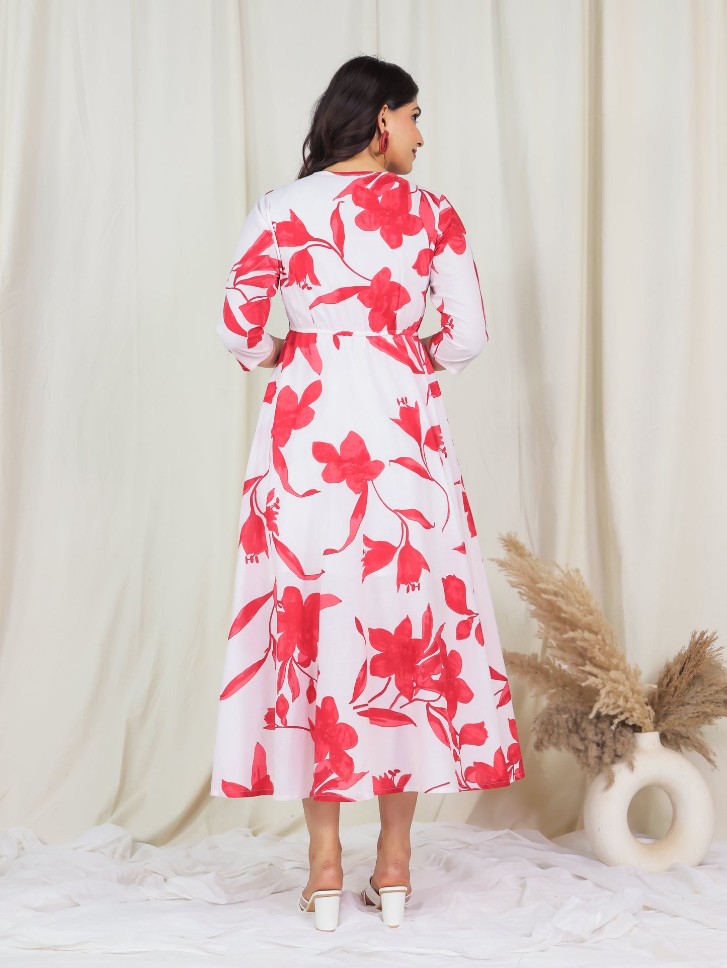 Embroidered Soft Cotton Floral Flared Off White Dress