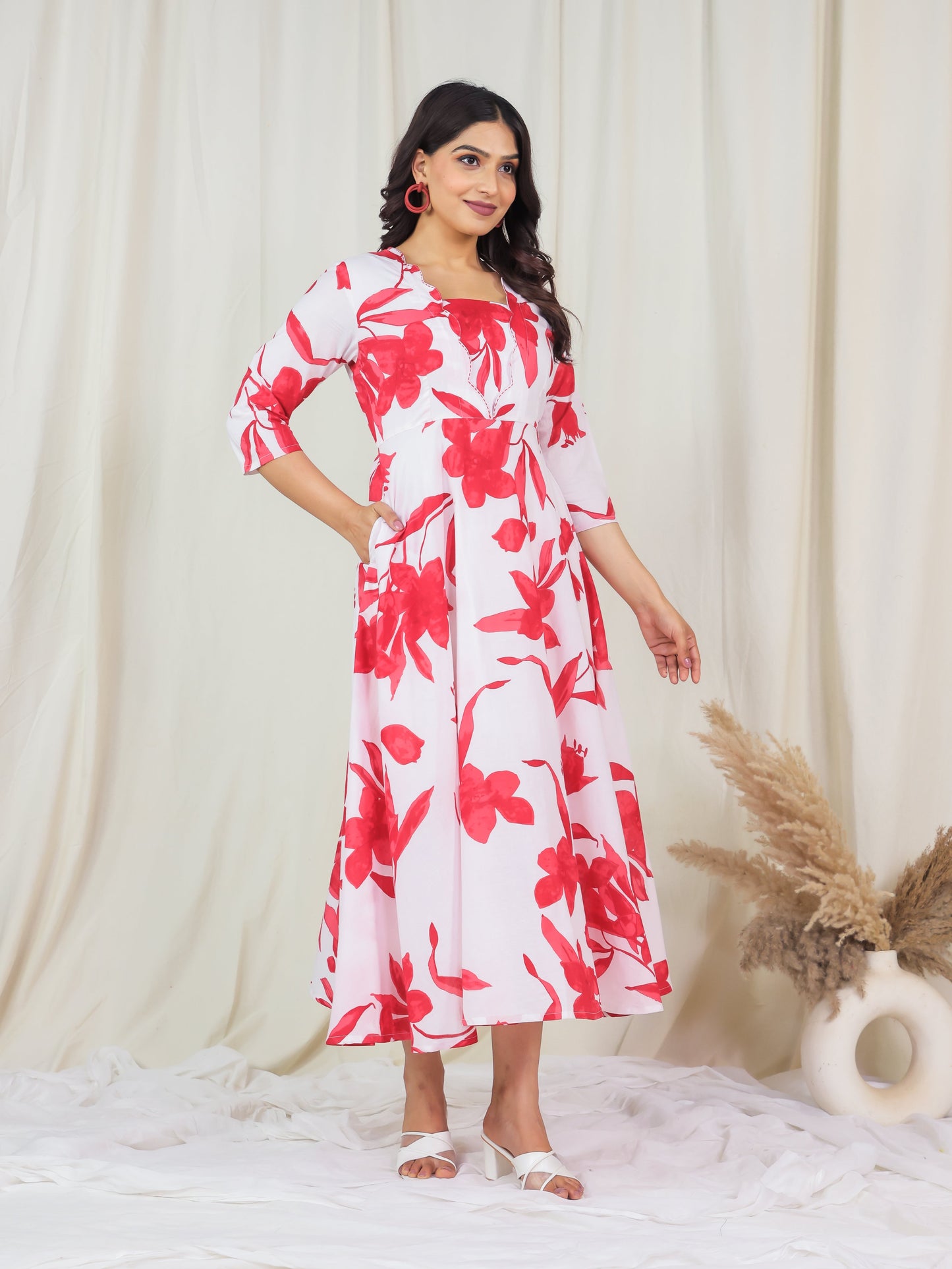 Embroidered Soft Cotton Floral Flared Off White Dress