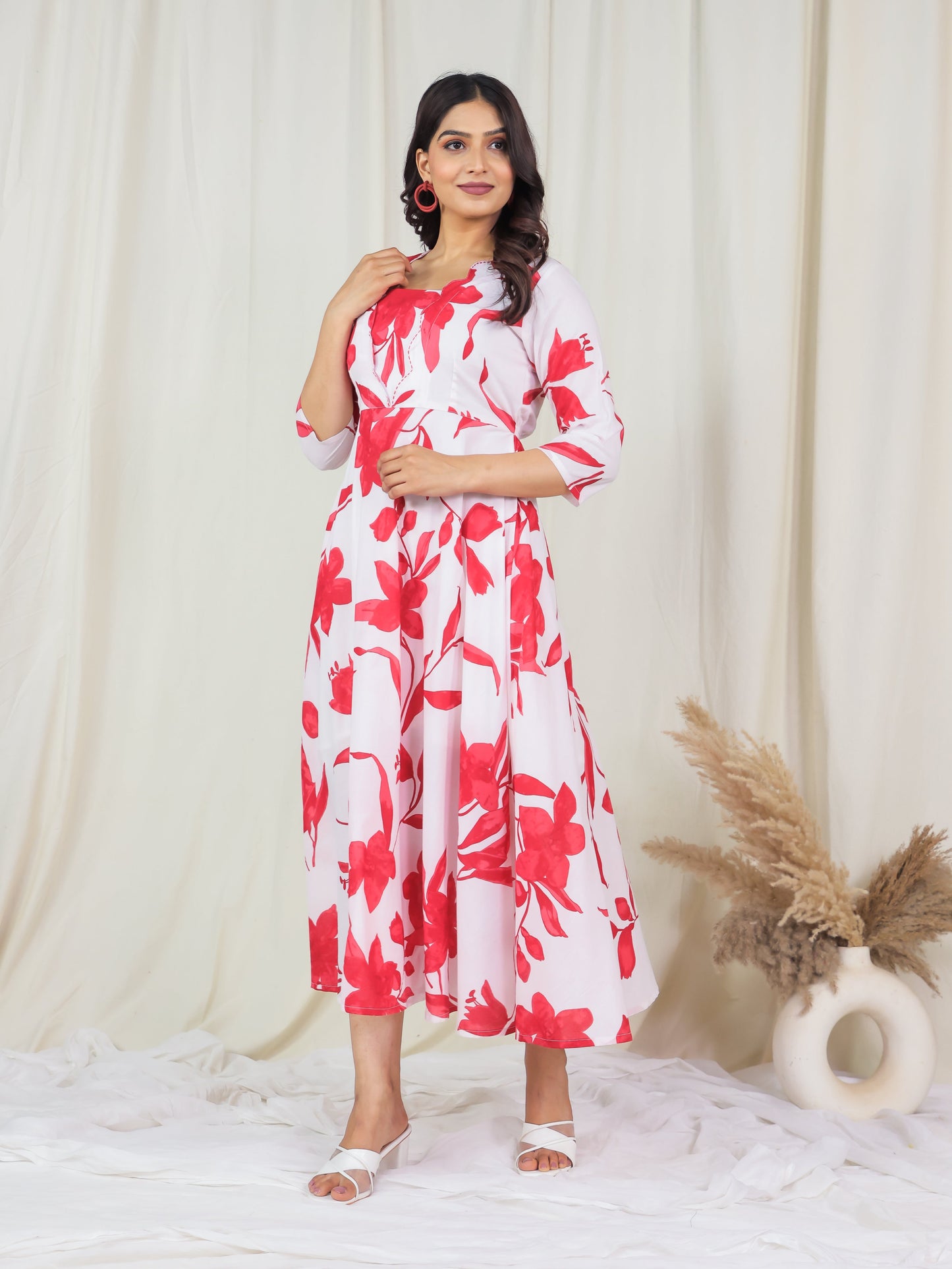 Embroidered Soft Cotton Floral Flared Off White Dress