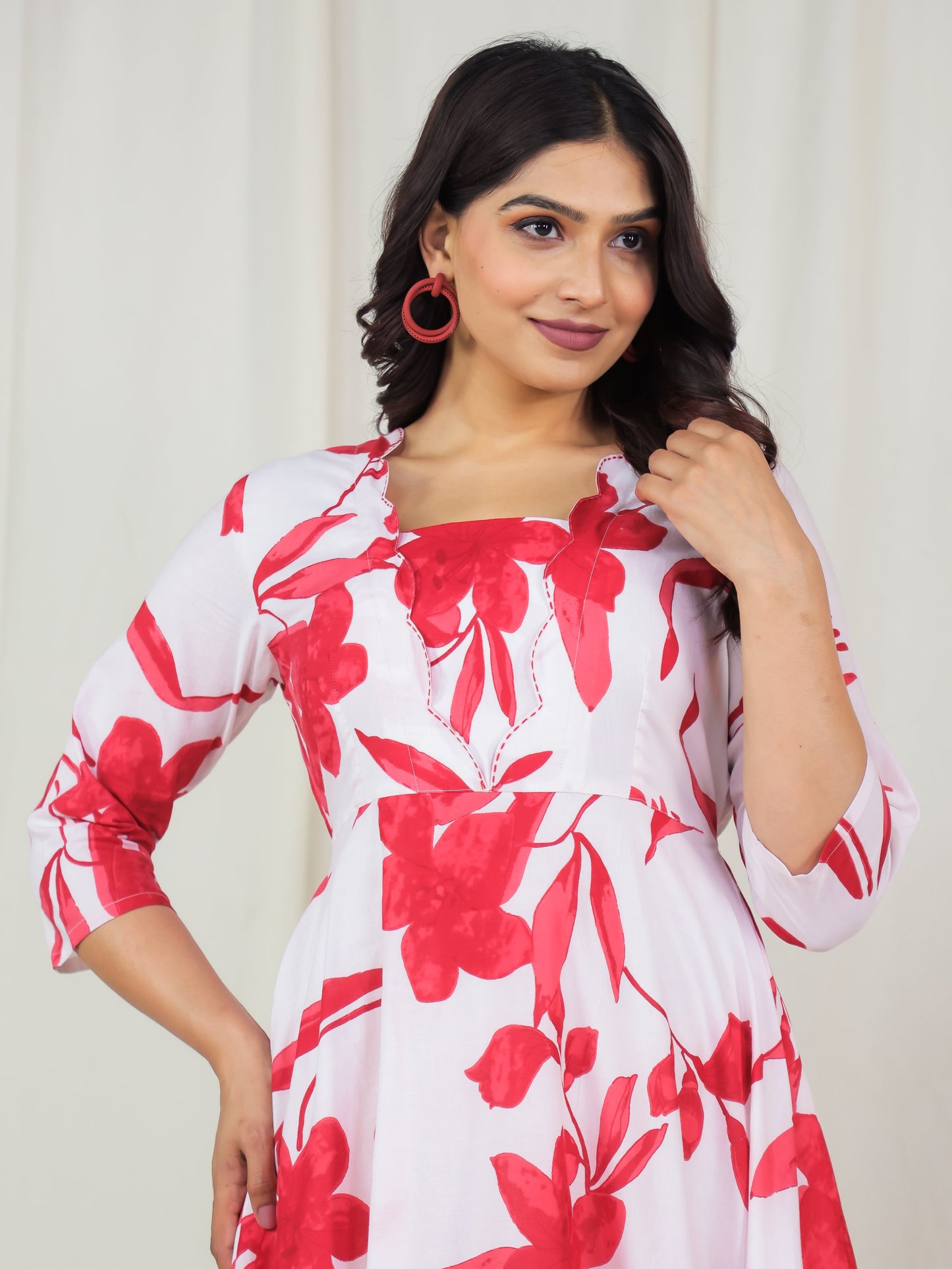 Embroidered Soft Cotton Floral Flared Off White Dress