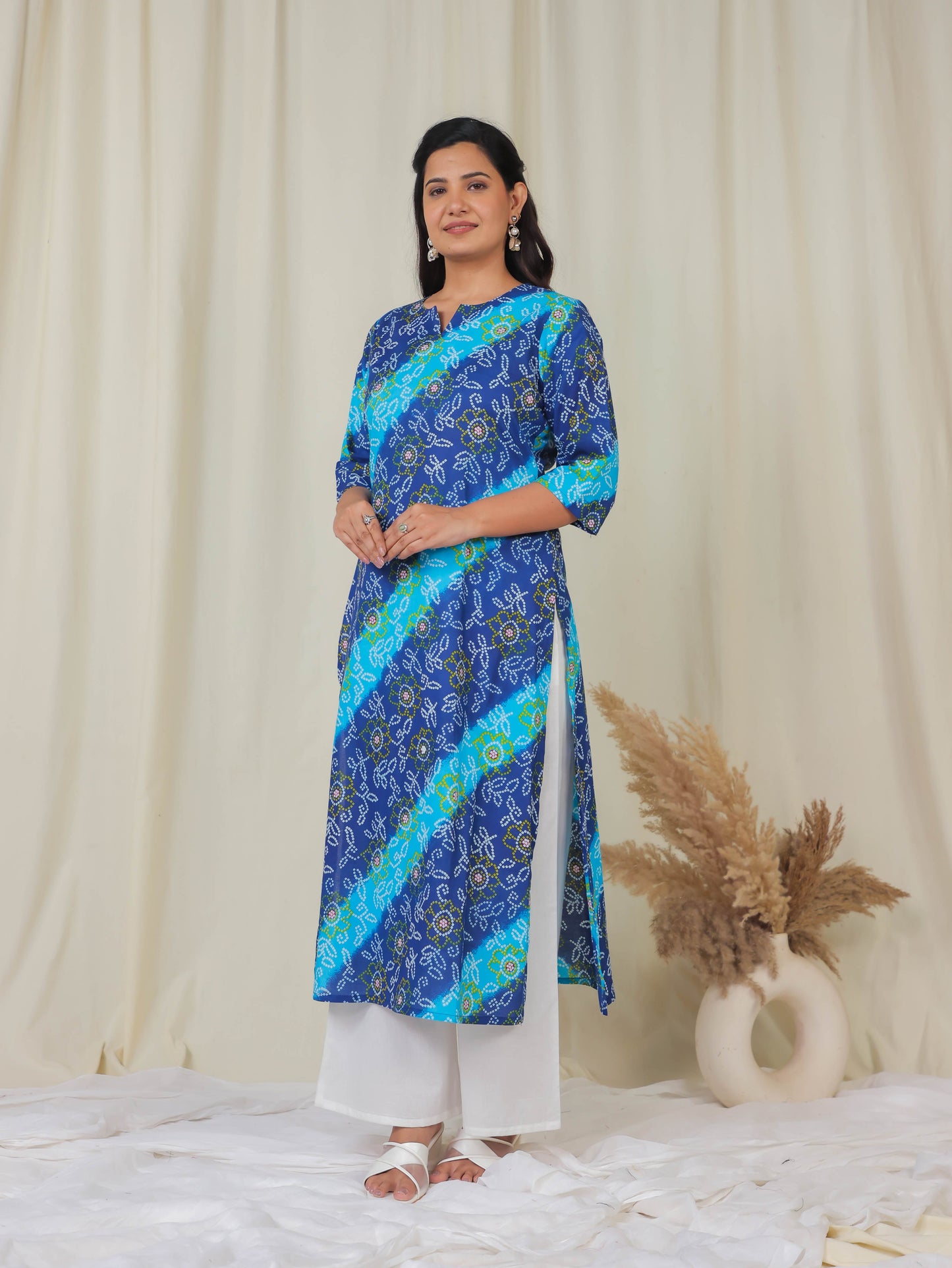 Soft Cotton Bandhani Straight Blue Kurta