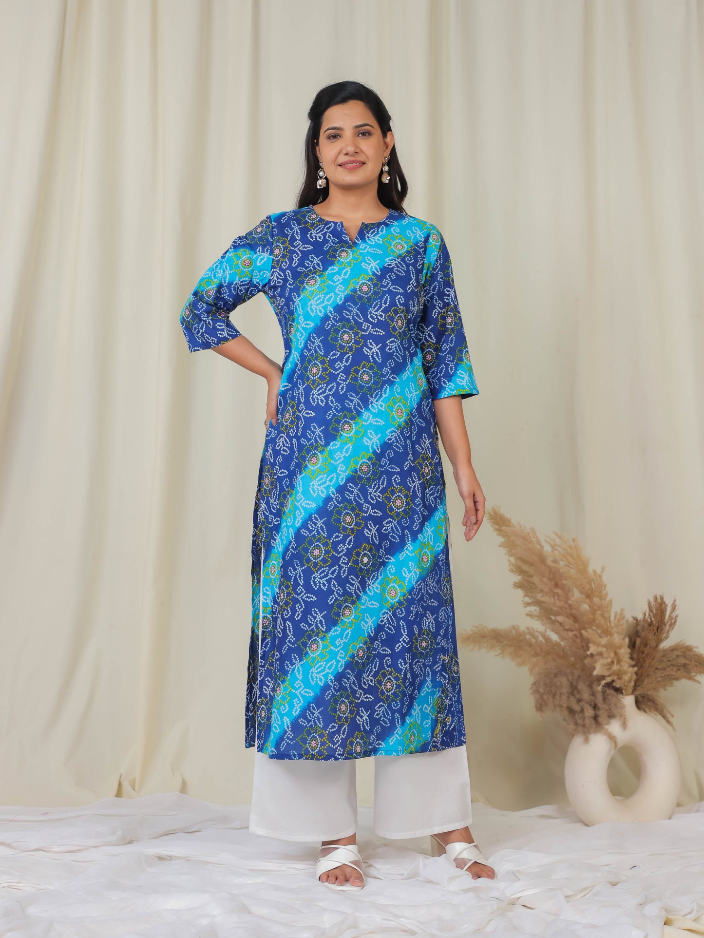 Soft Cotton Bandhani Straight Blue Kurta