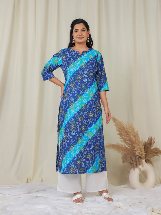 Soft Cotton Bandhani Straight Blue Kurta