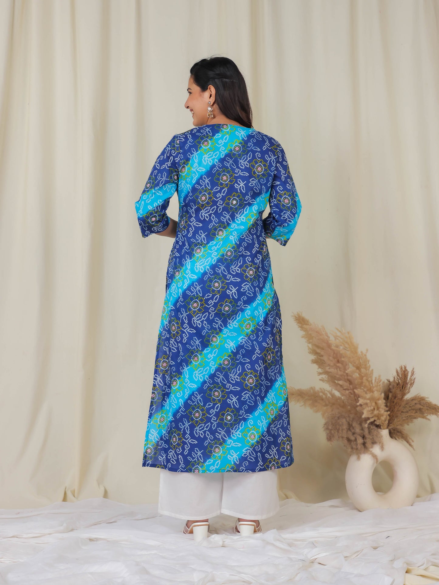 Soft Cotton Bandhani Straight Blue Kurta