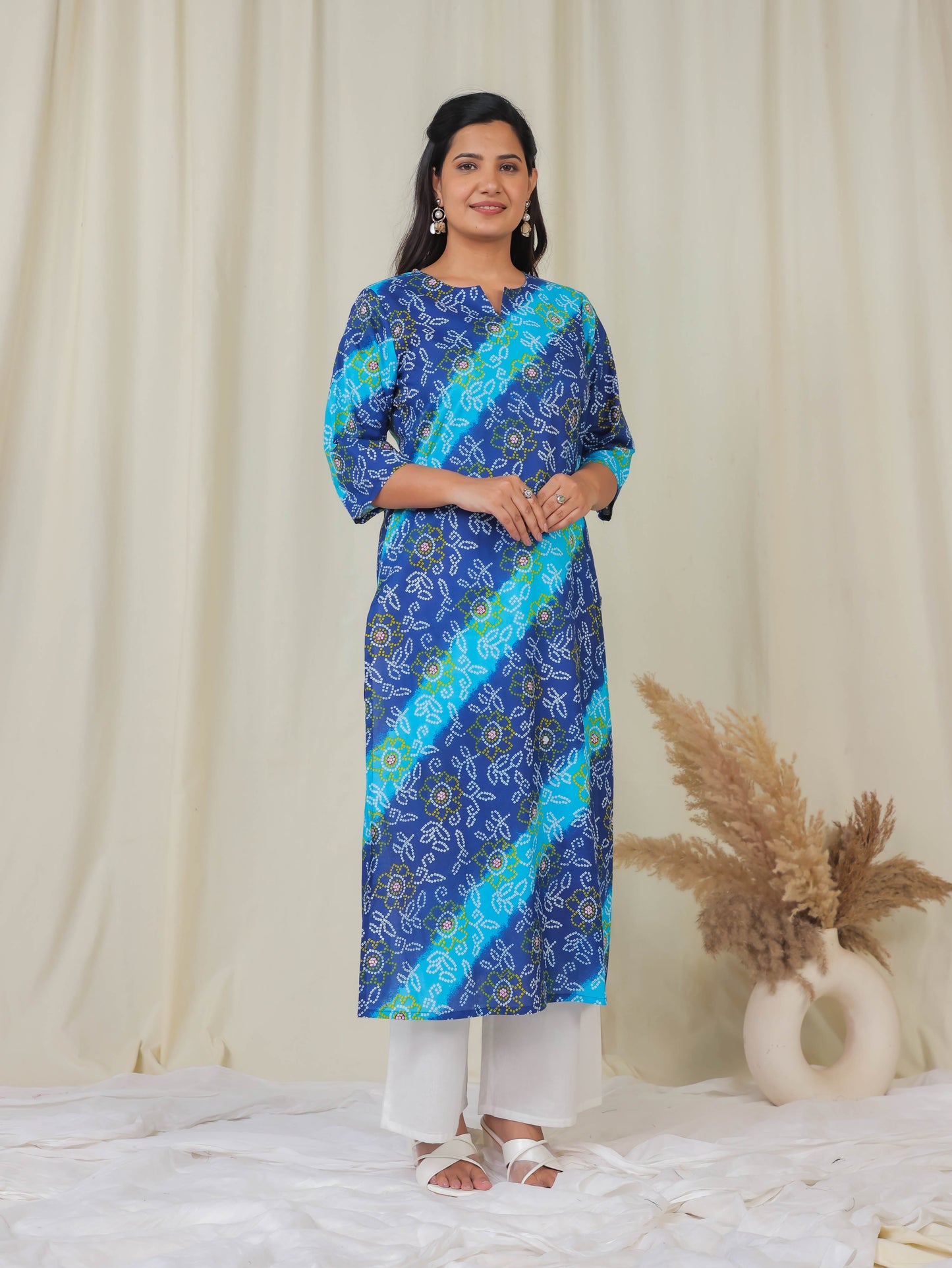 Soft Cotton Bandhani Straight Blue Kurta
