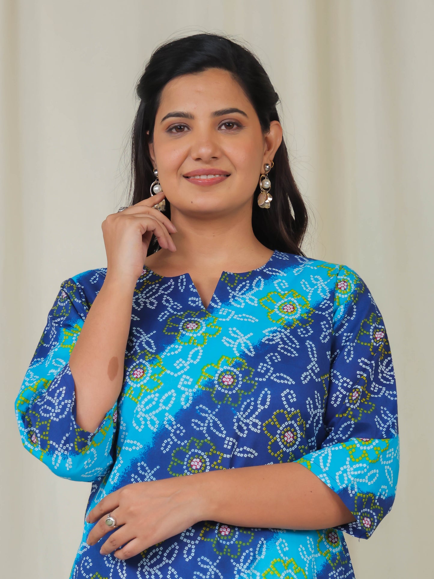 Soft Cotton Bandhani Straight Blue Kurta