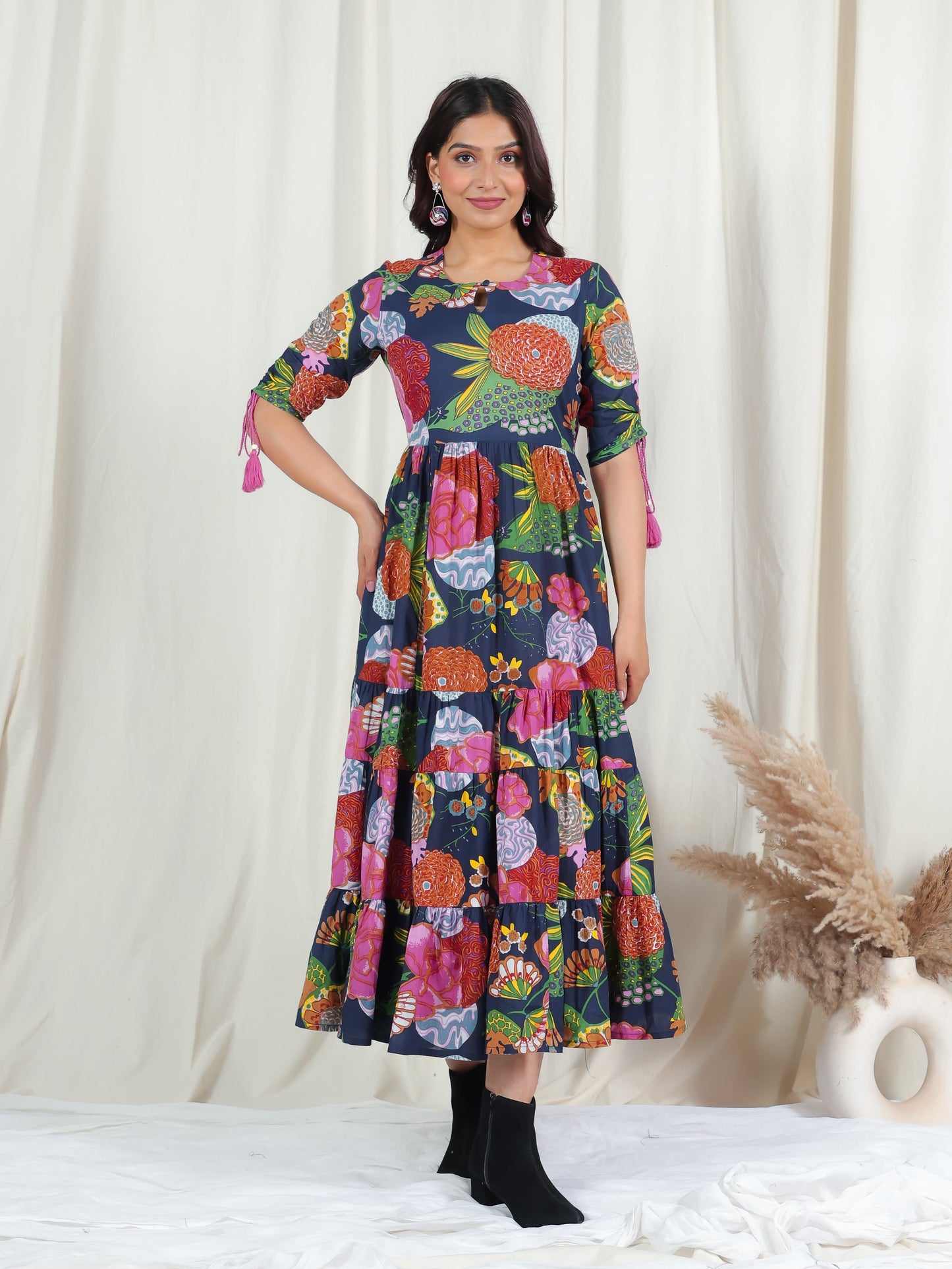 Soft Cotton Floral Flared Multicolor Dress