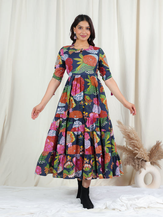 Soft Cotton Floral Flared Multicolor Dress