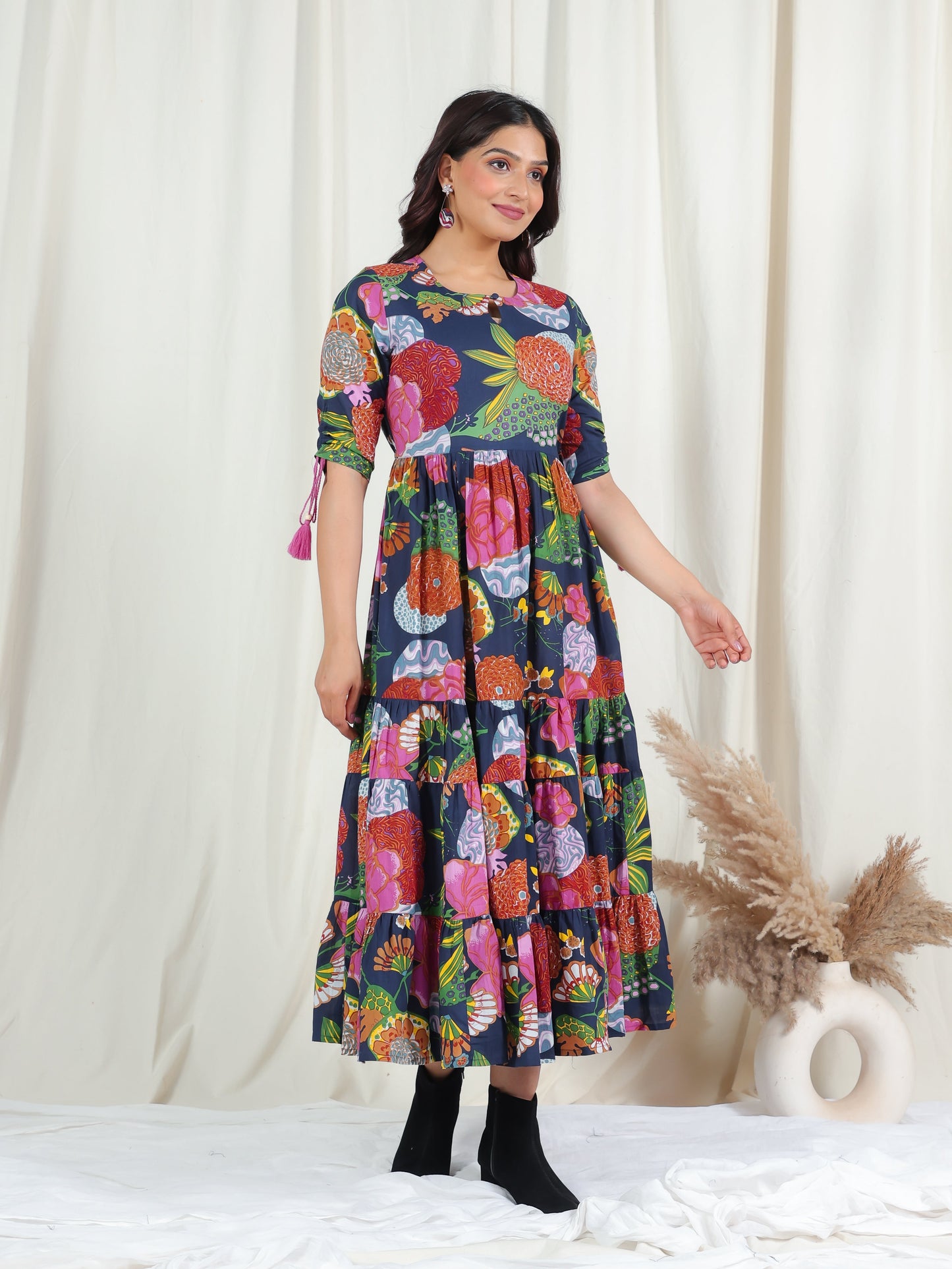 Soft Cotton Floral Flared Multicolor Dress