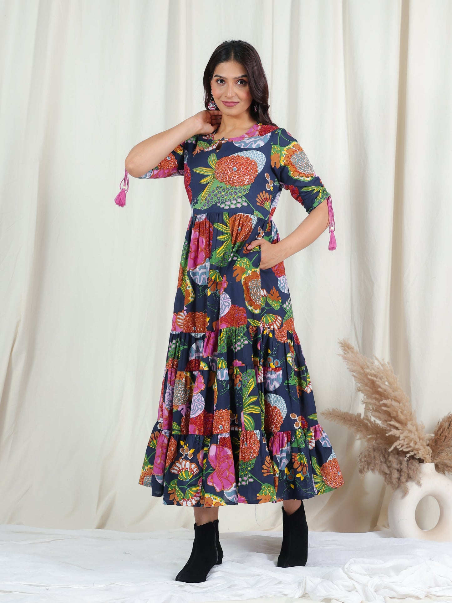 Soft Cotton Floral Flared Multicolor Dress