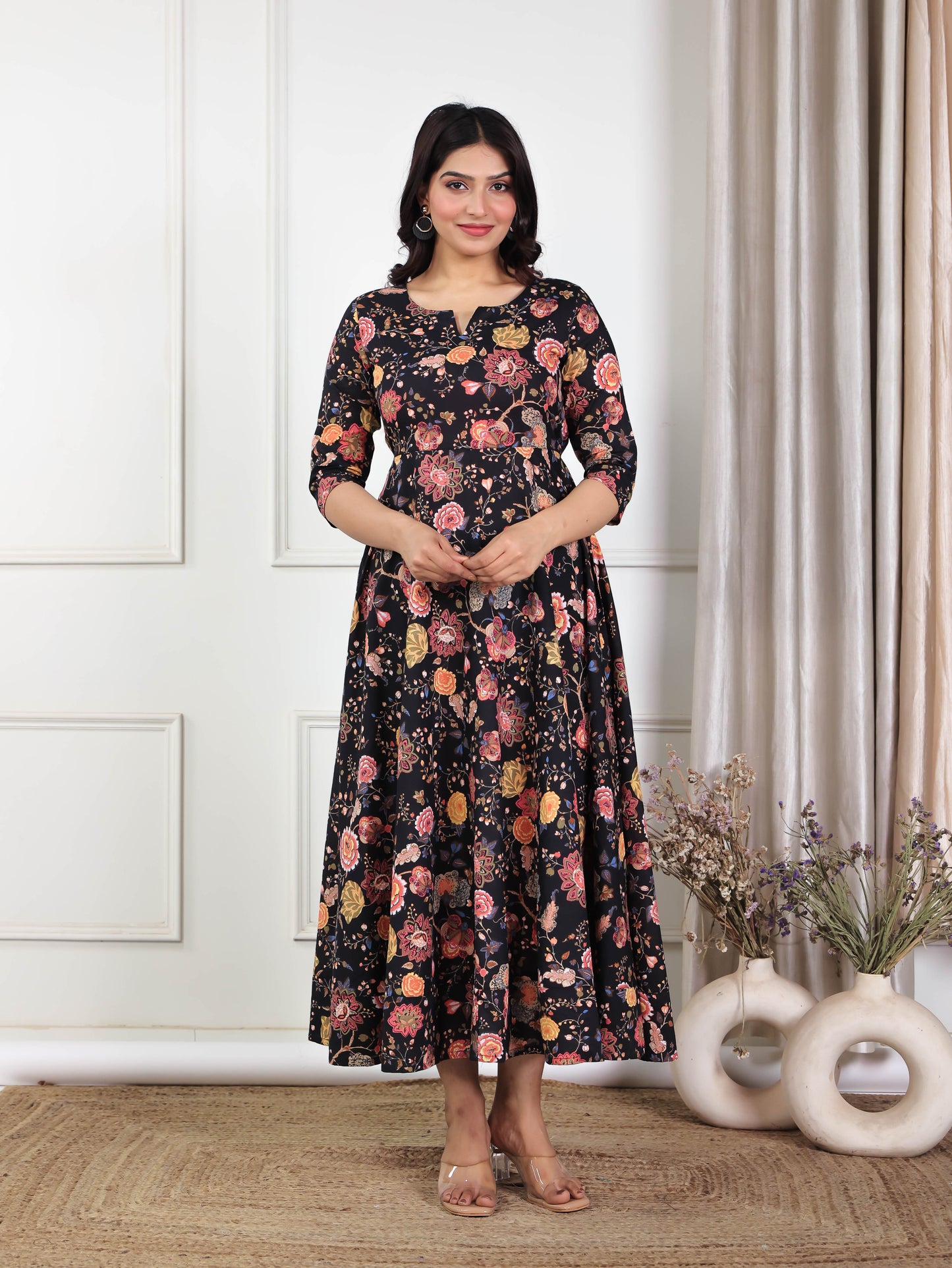 Soft Cotton Floral Anarkali Black Dress