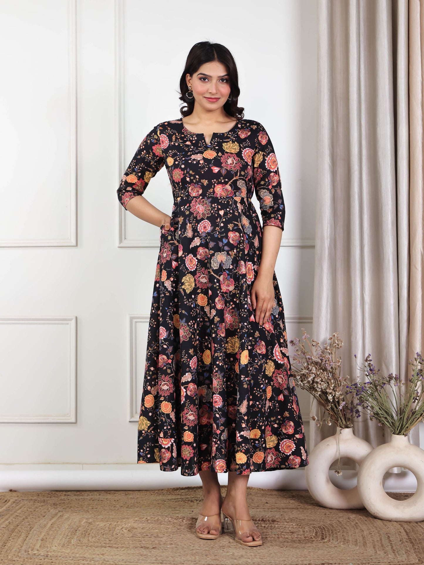 Soft Cotton Floral Anarkali Black Dress