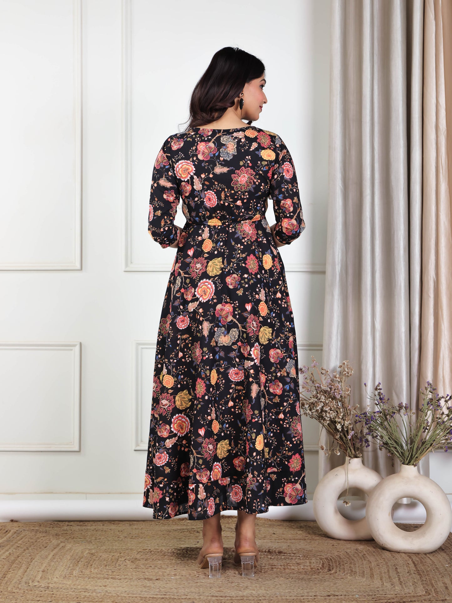 Soft Cotton Floral Anarkali Black Dress