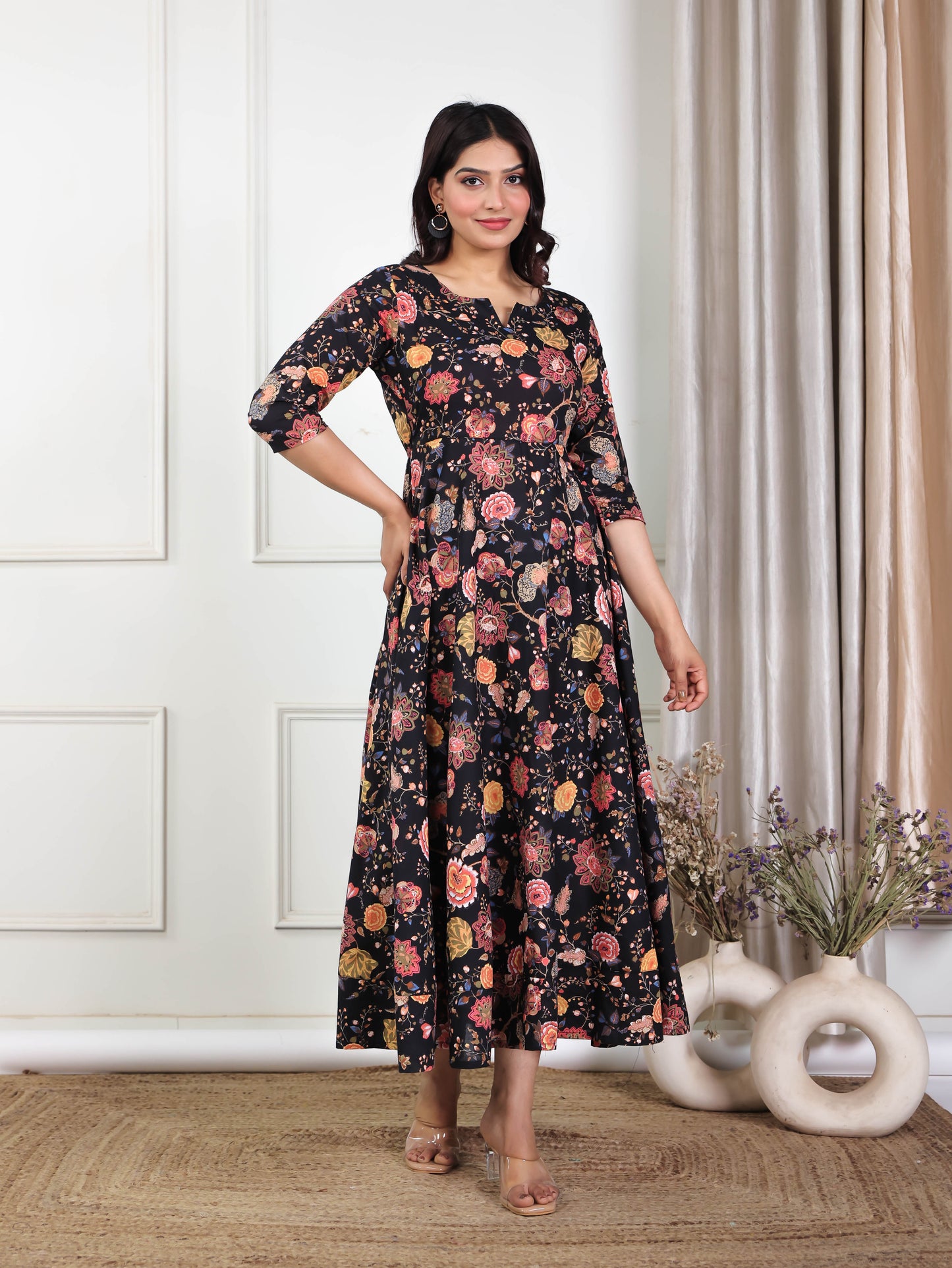 Soft Cotton Floral Anarkali Black Dress