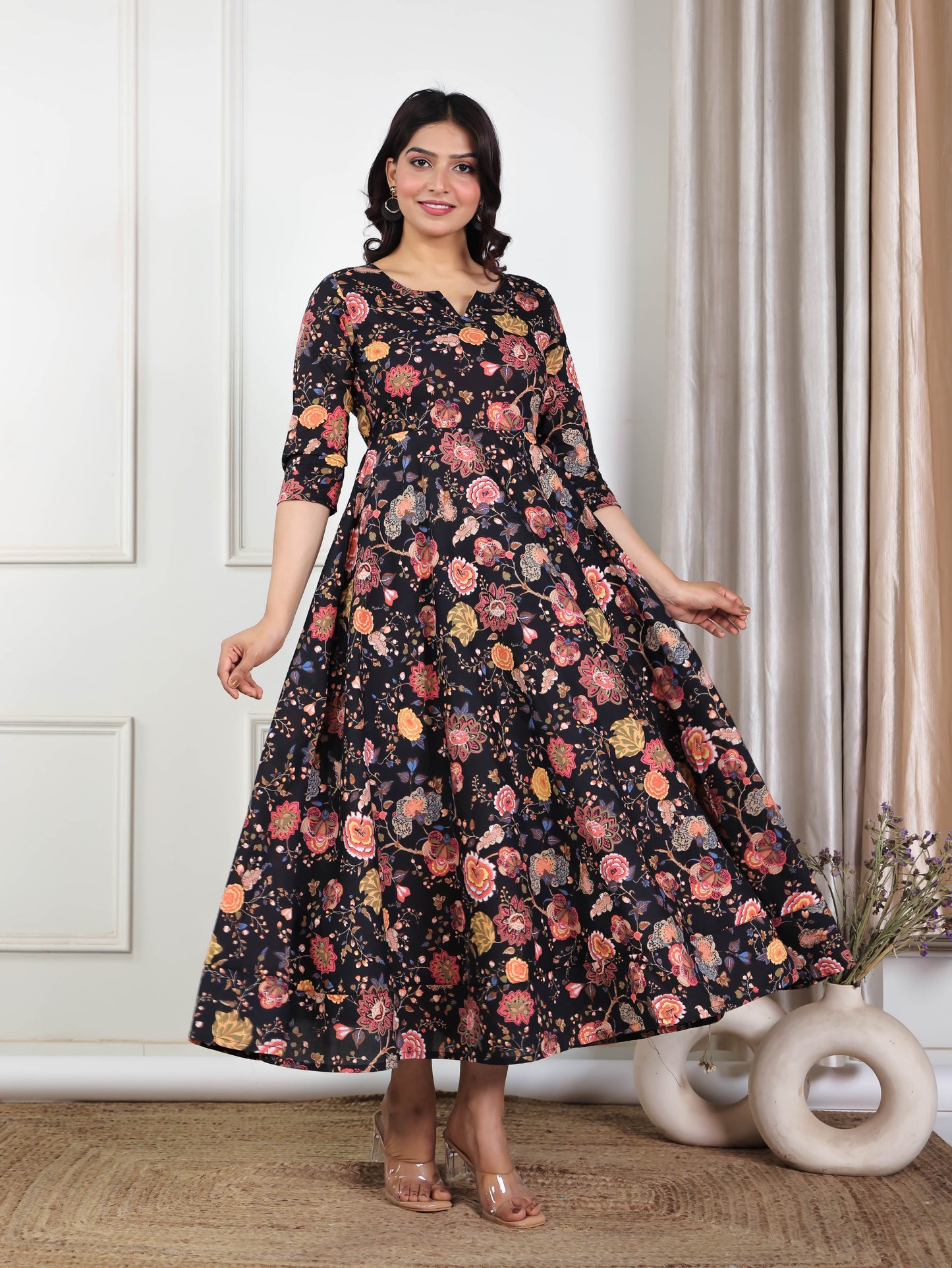 Soft Cotton Floral Anarkali Black Dress