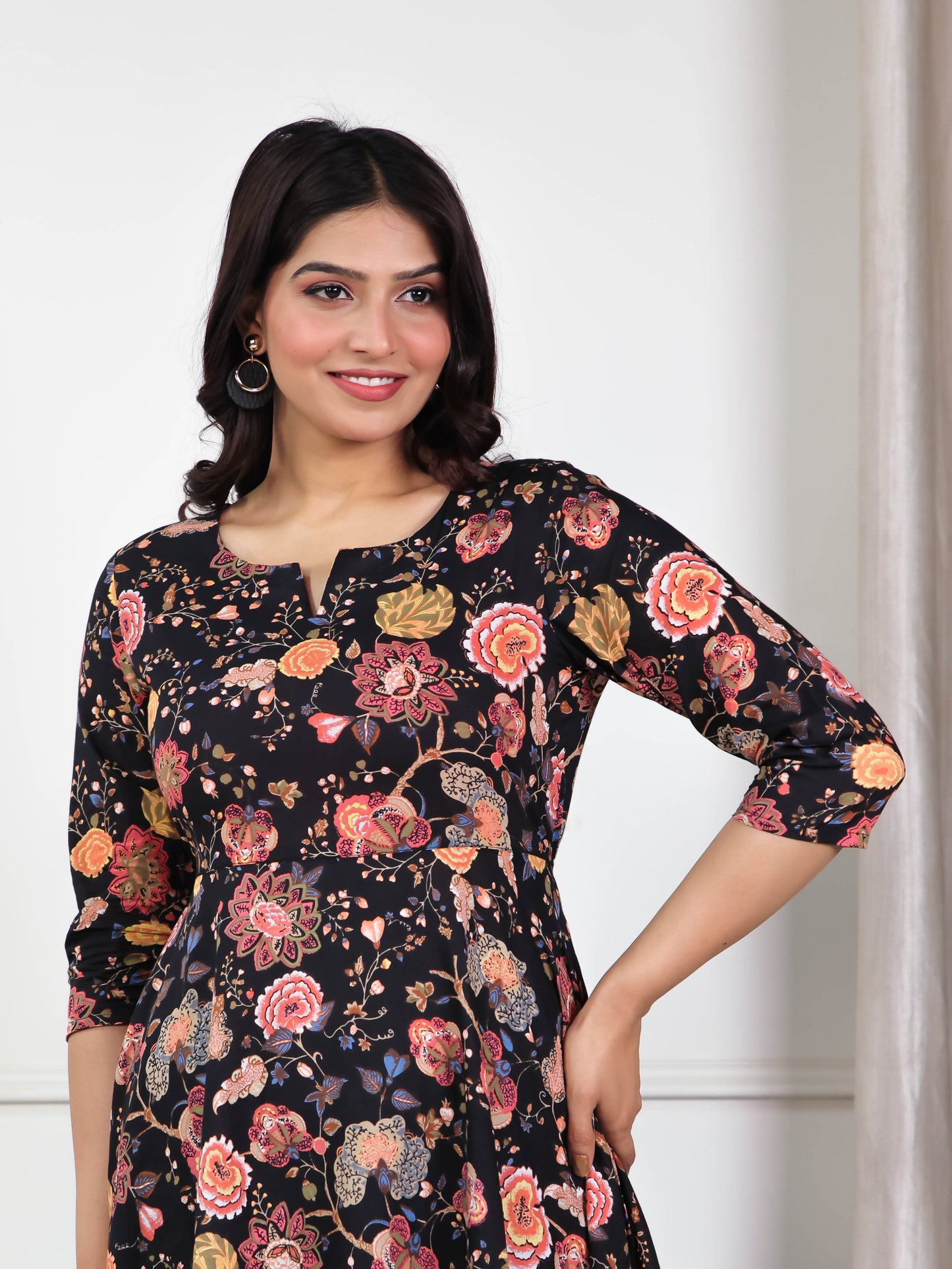 Soft Cotton Floral Anarkali Black Dress