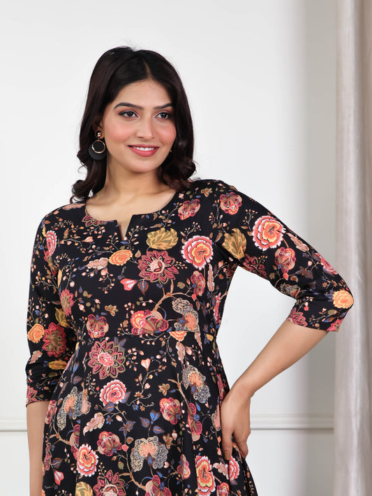 Soft Cotton Floral Anarkali Black Dress