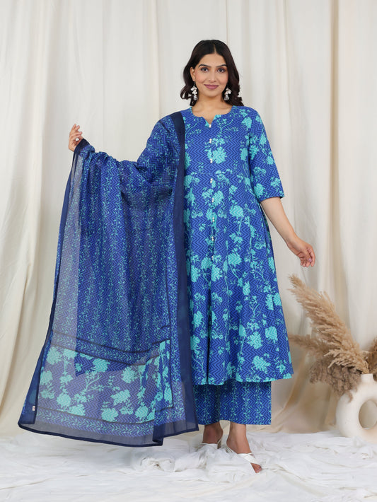 Soft Cotton Floral Blue Dupatta
