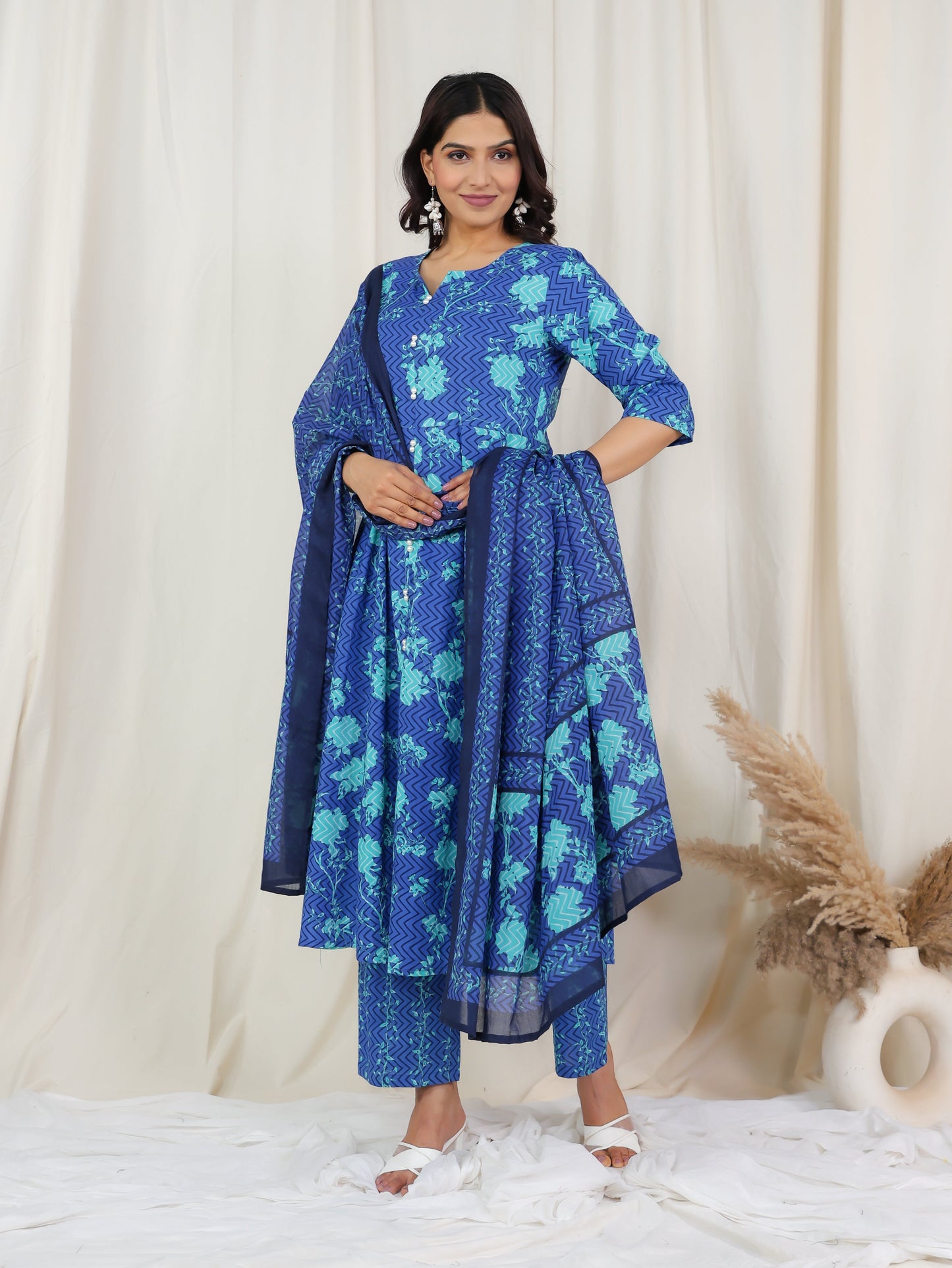 Soft Cotton Floral Blue Dupatta