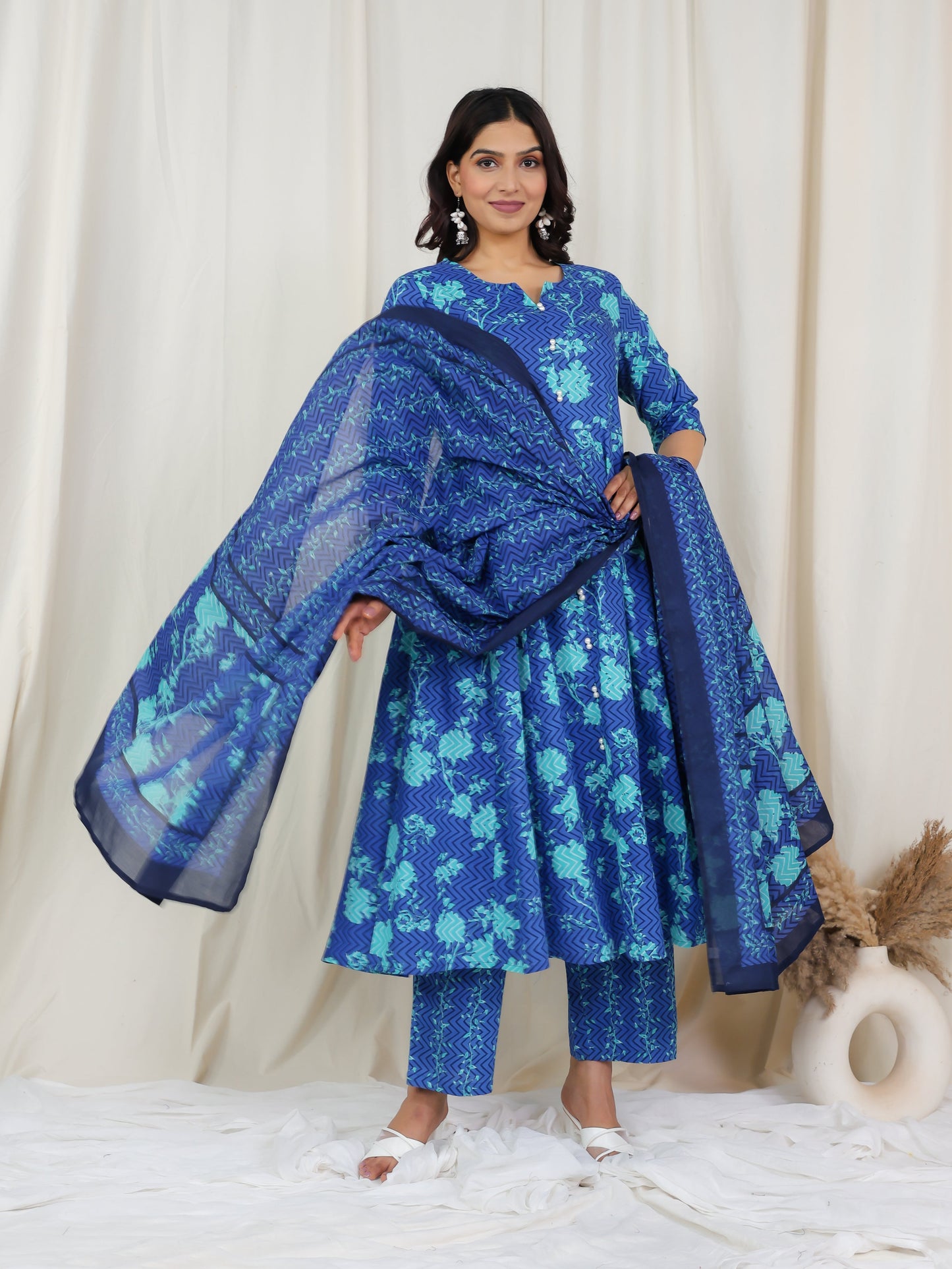 Soft Cotton Floral Blue Dupatta