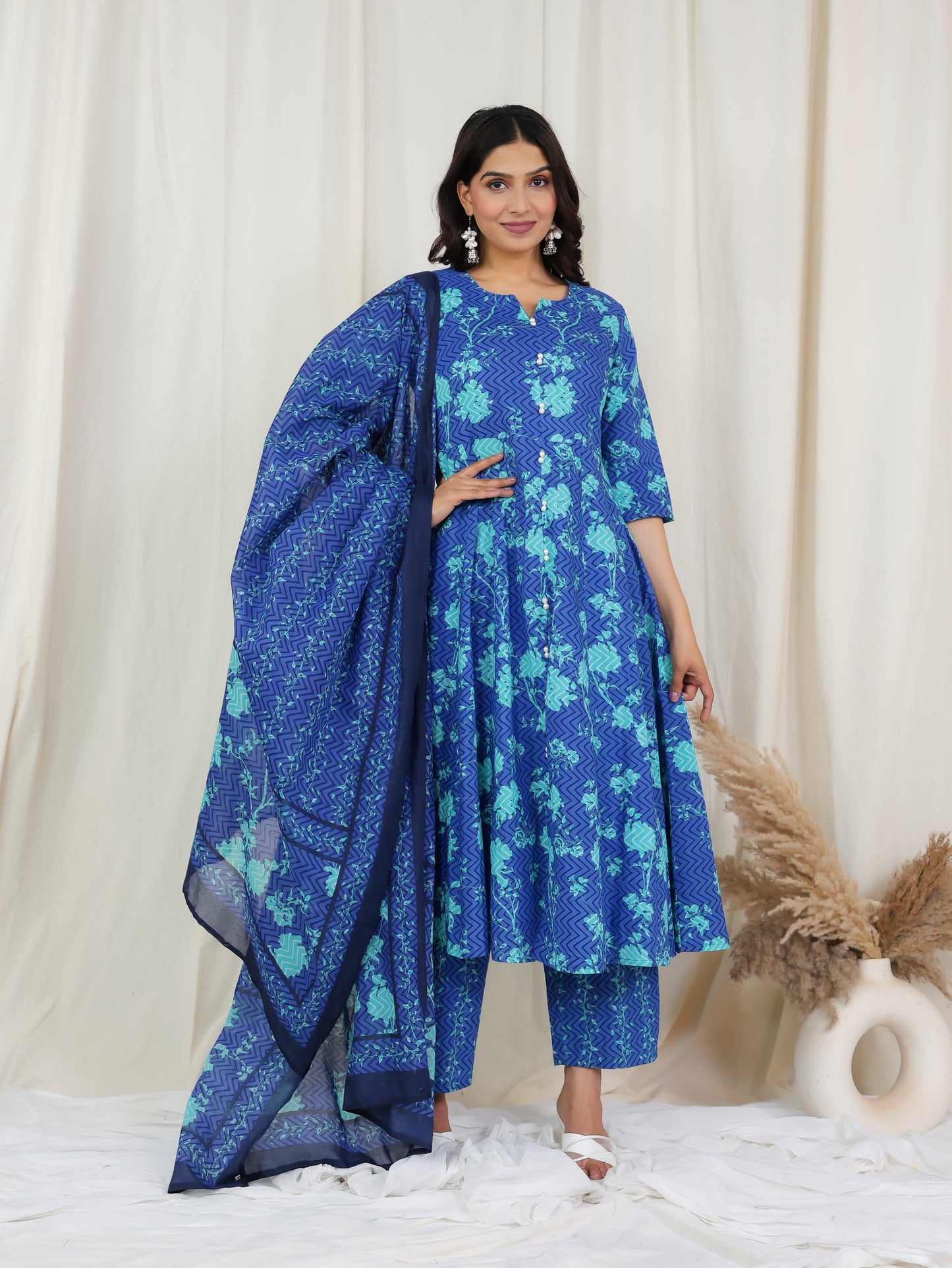 Soft Cotton Floral Flared Blue Kurta