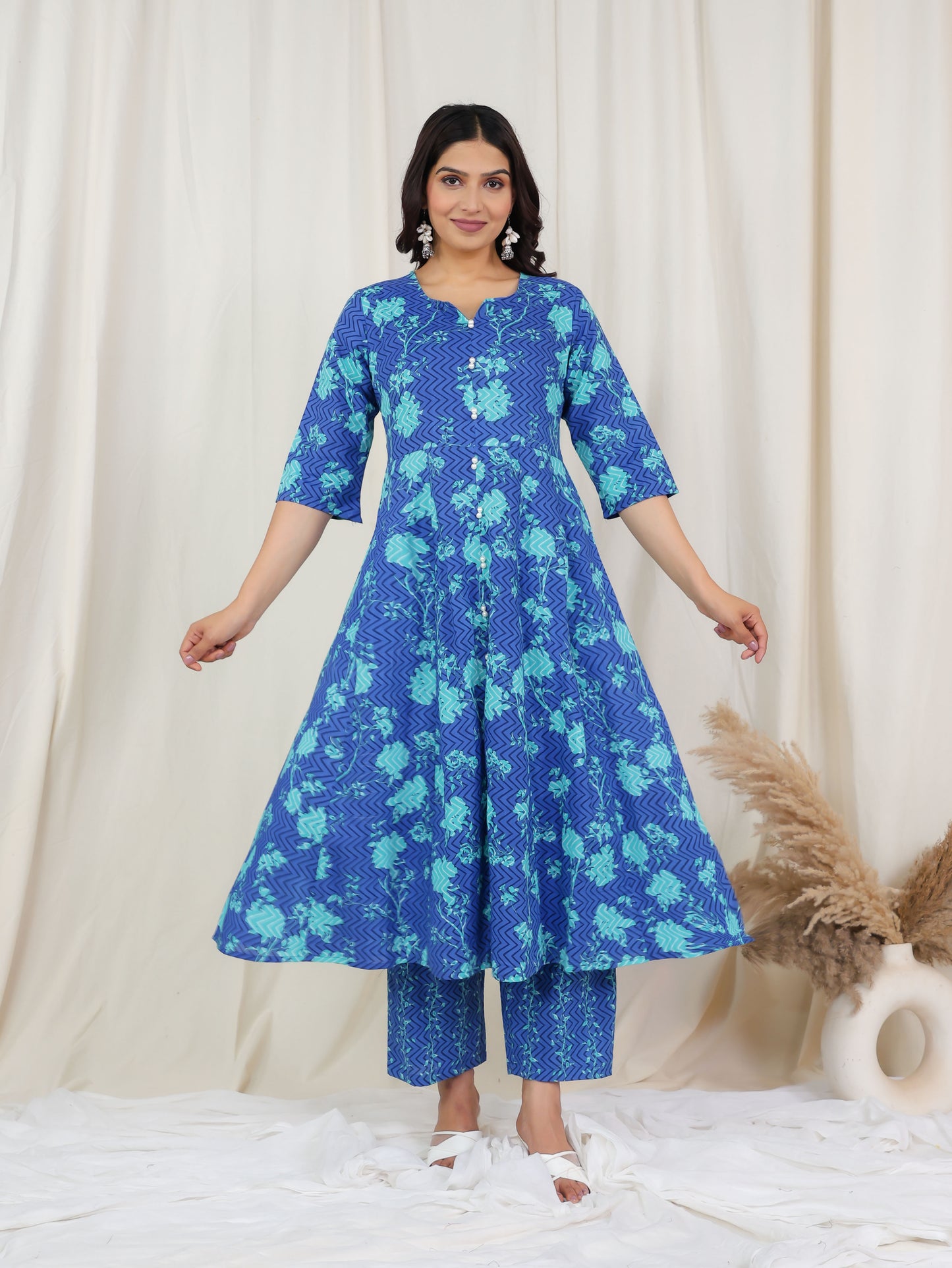 Soft Cotton Floral Flared Blue Kurta