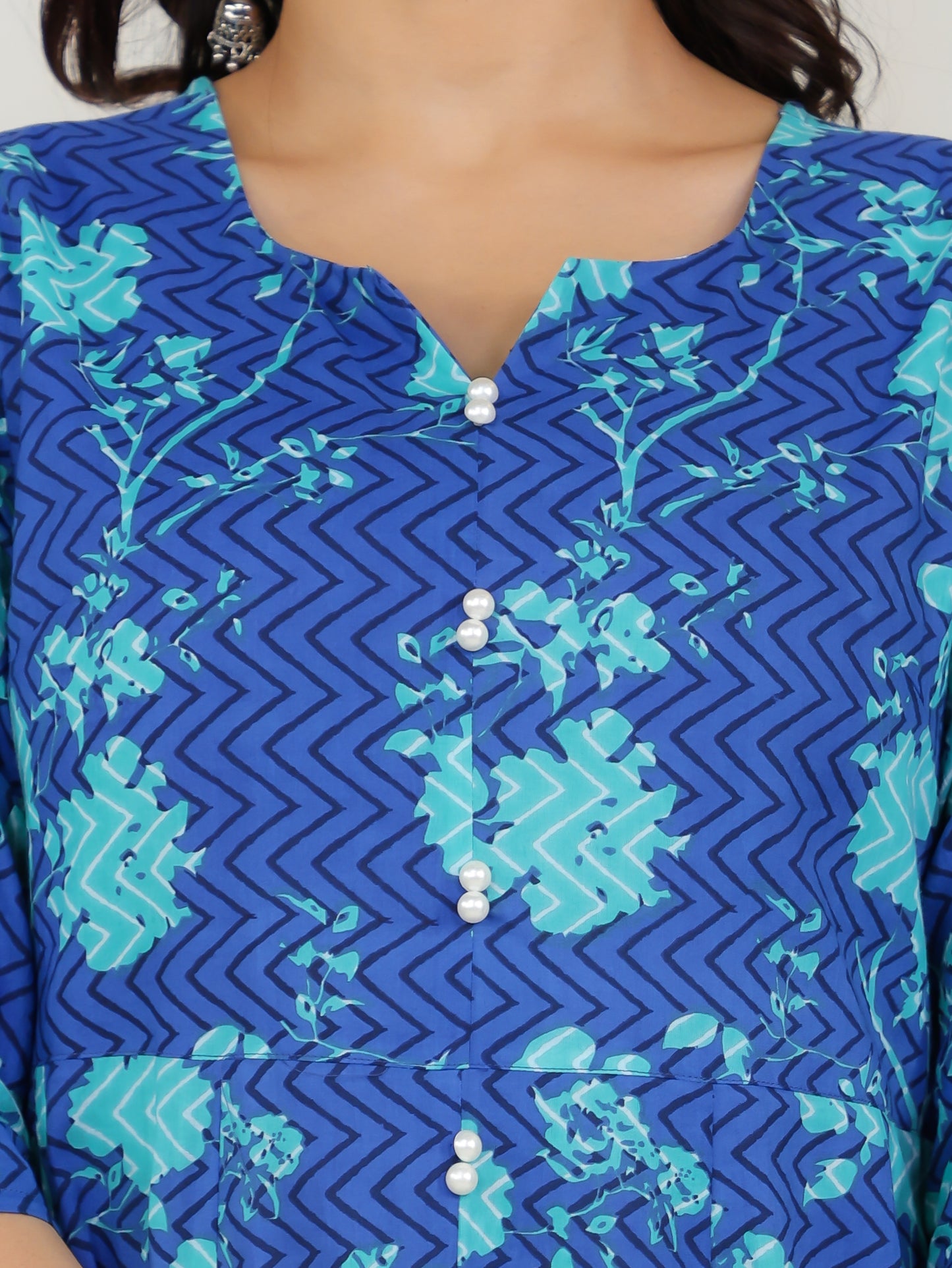 Soft Cotton Floral Flared Blue Kurta