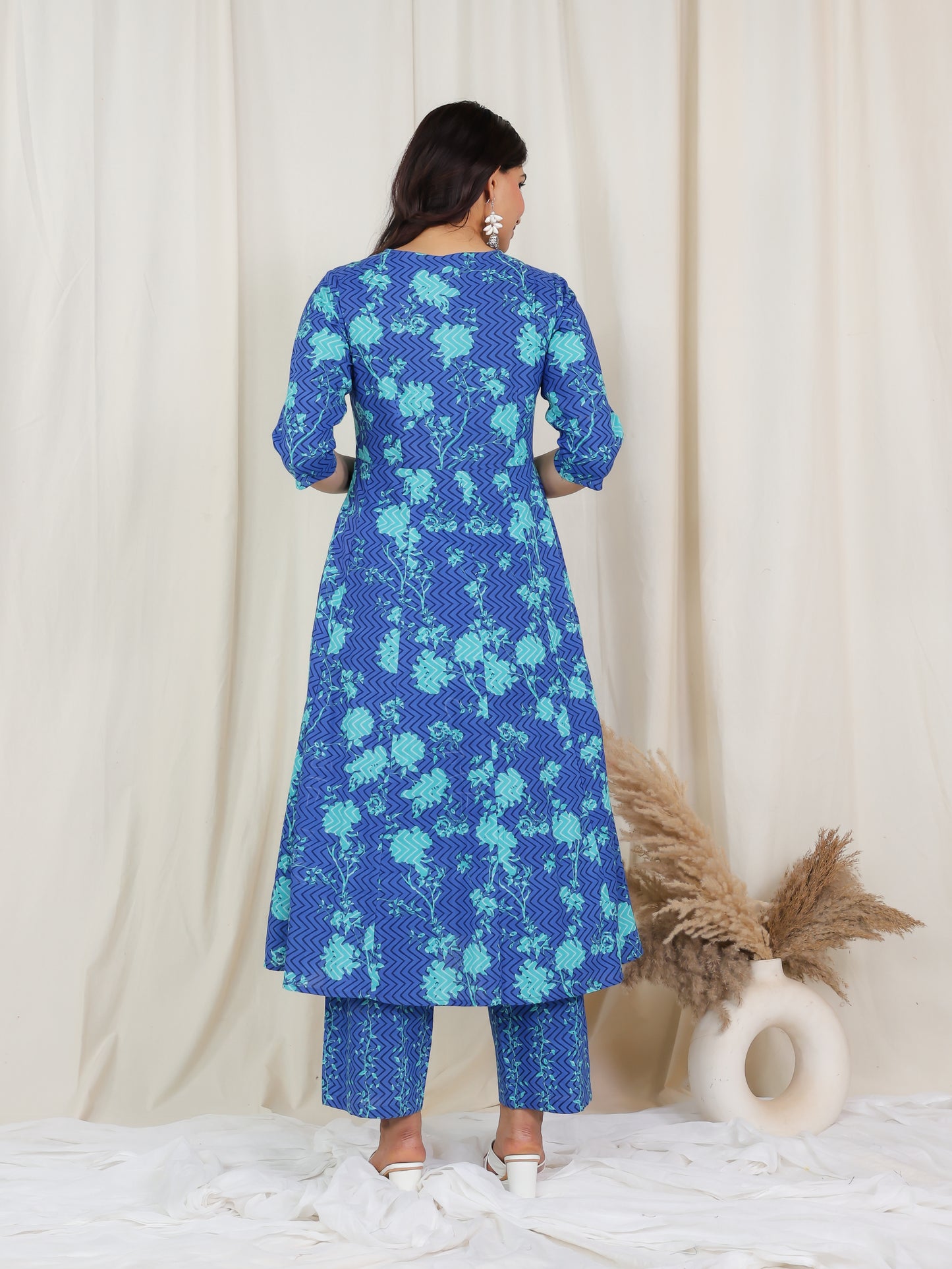 Soft Cotton Floral Flared Blue Kurta