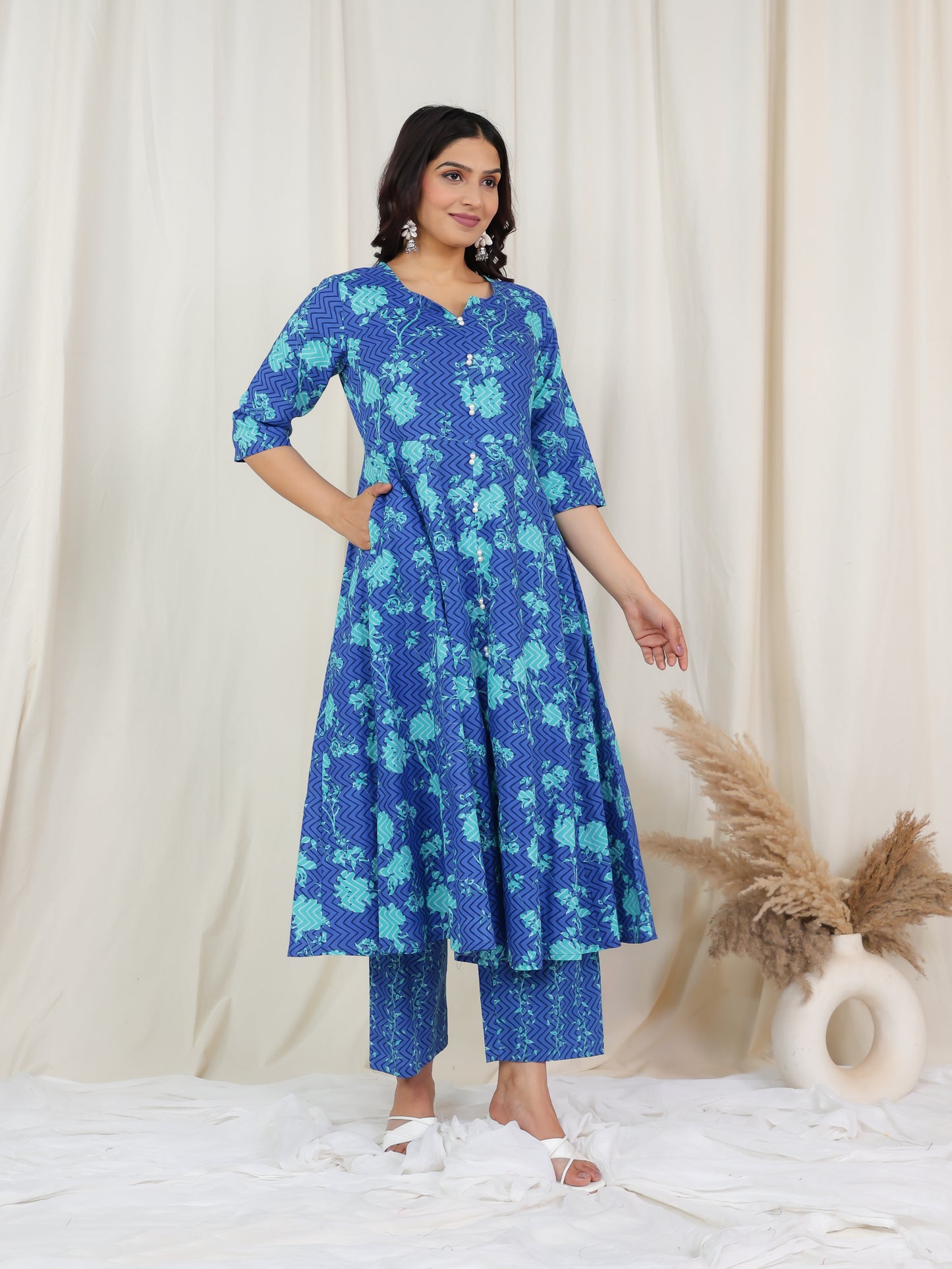 Soft Cotton Floral Flared Blue Kurta