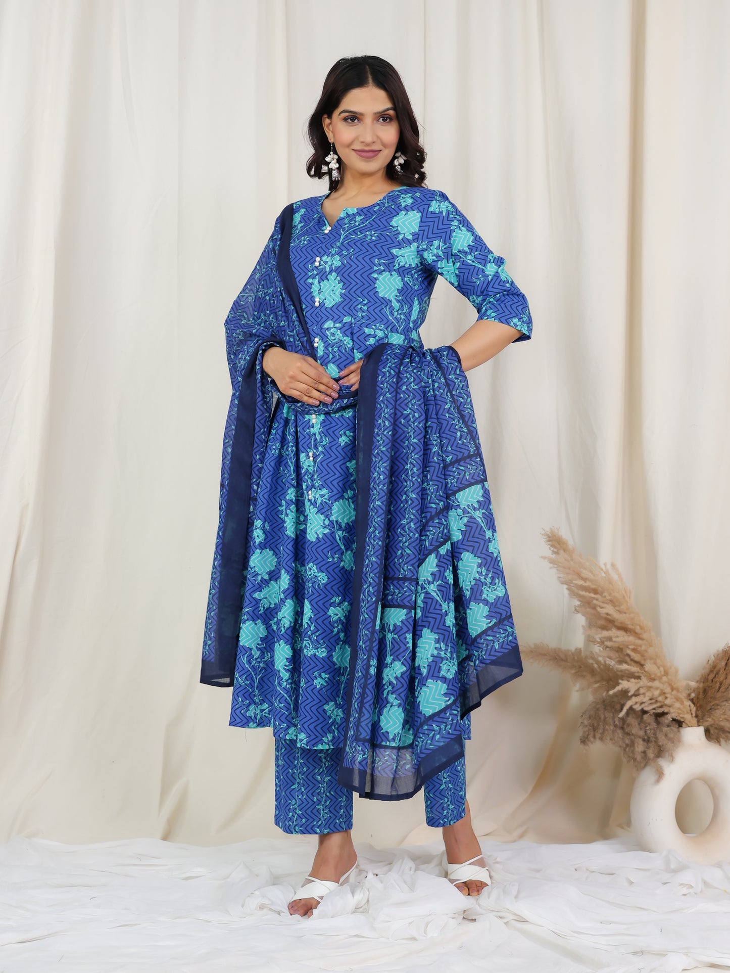 Soft Cotton Floral Flared Blue Kurta