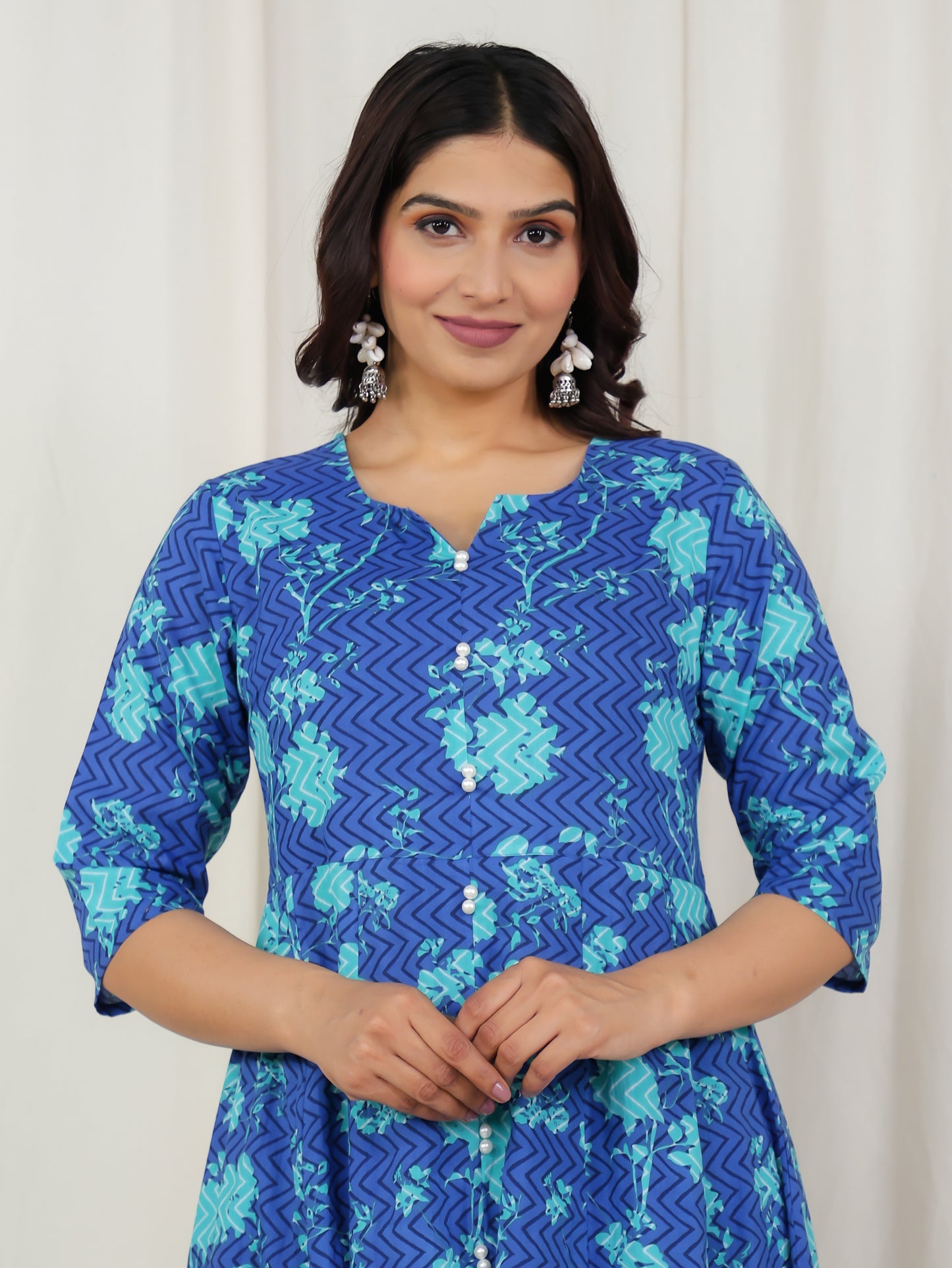 Soft Cotton Floral Flared Blue Kurta