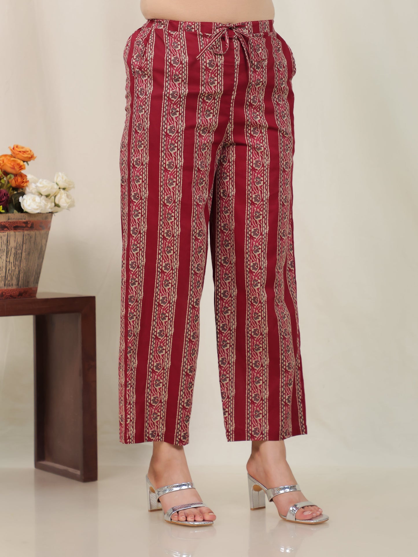 Soft Cotton Border print Rust Straight Straight Trousers