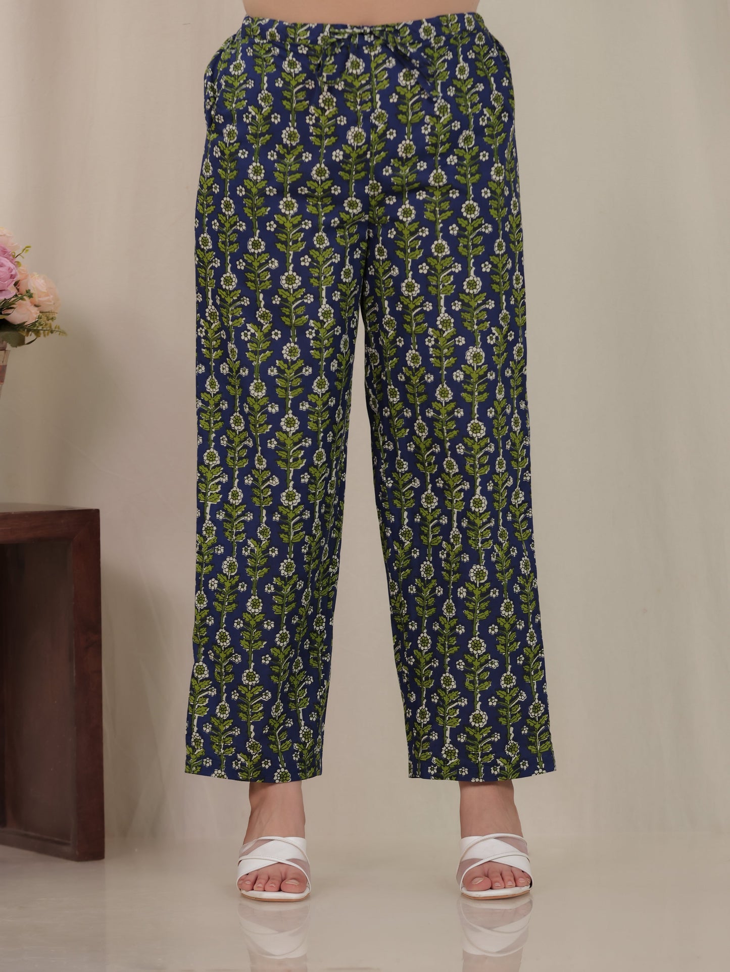 Soft Cotton Floral Blue Straight Straight Trousers