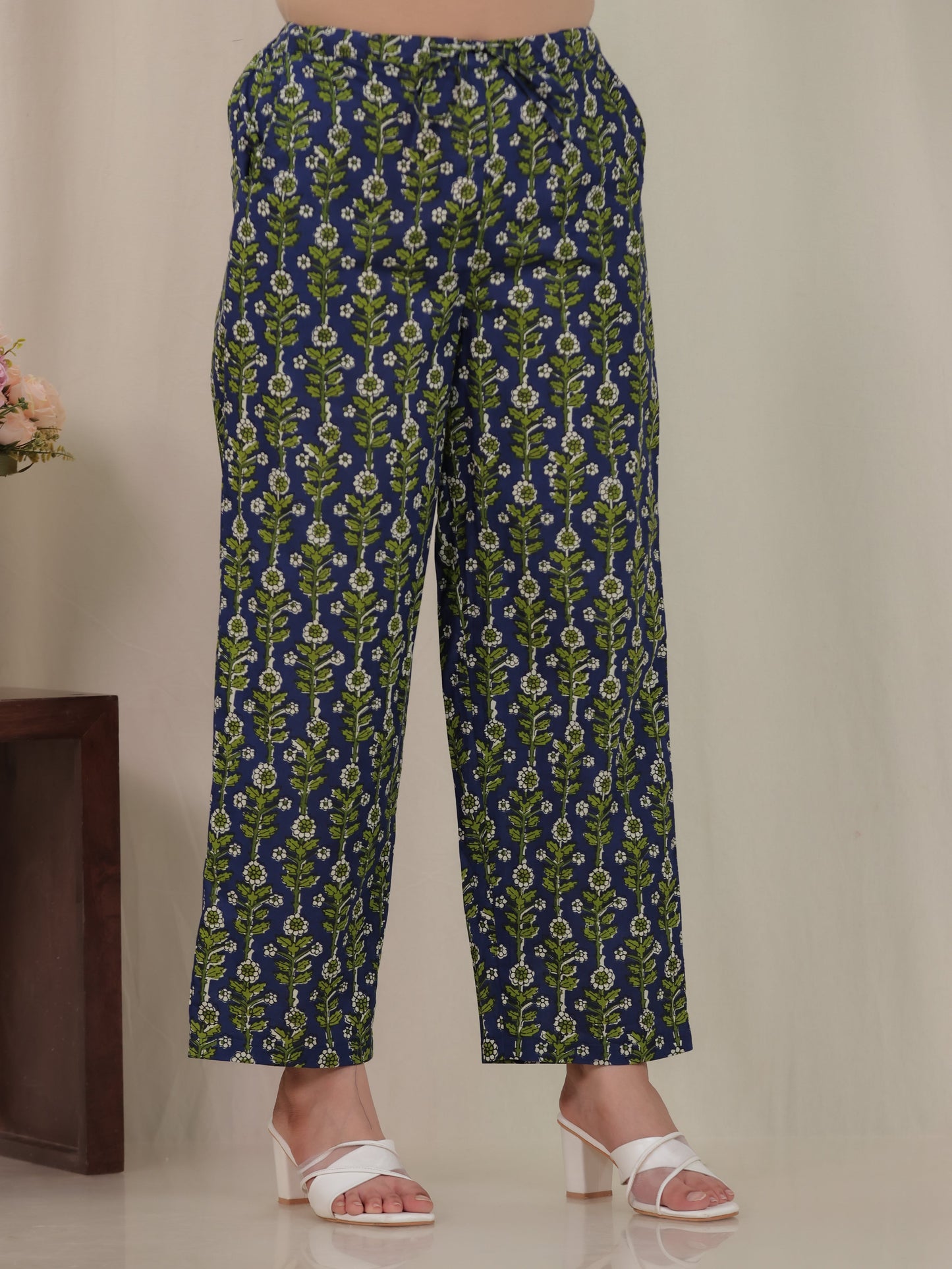 Soft Cotton Floral Blue Straight Straight Trousers