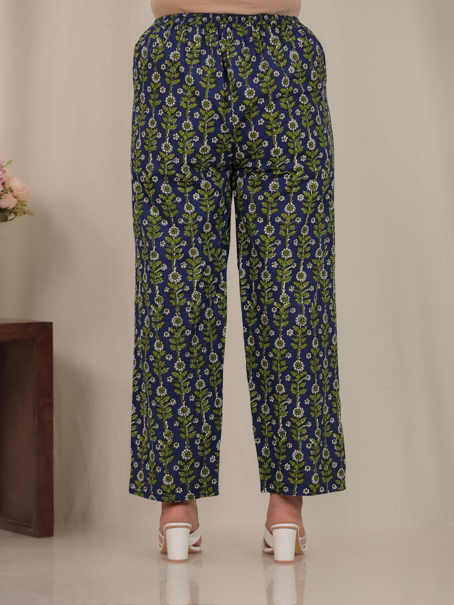 Soft Cotton Floral Blue Straight Straight Trousers